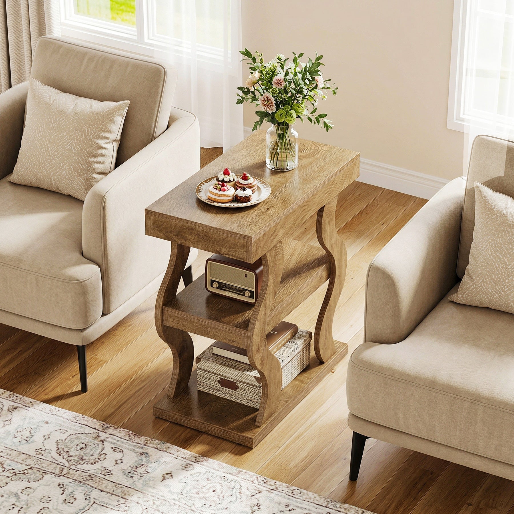Tribesigns Table d'appoint style campagne 61 cm, Table de chevet étroite à 3 niveaux avec rangement