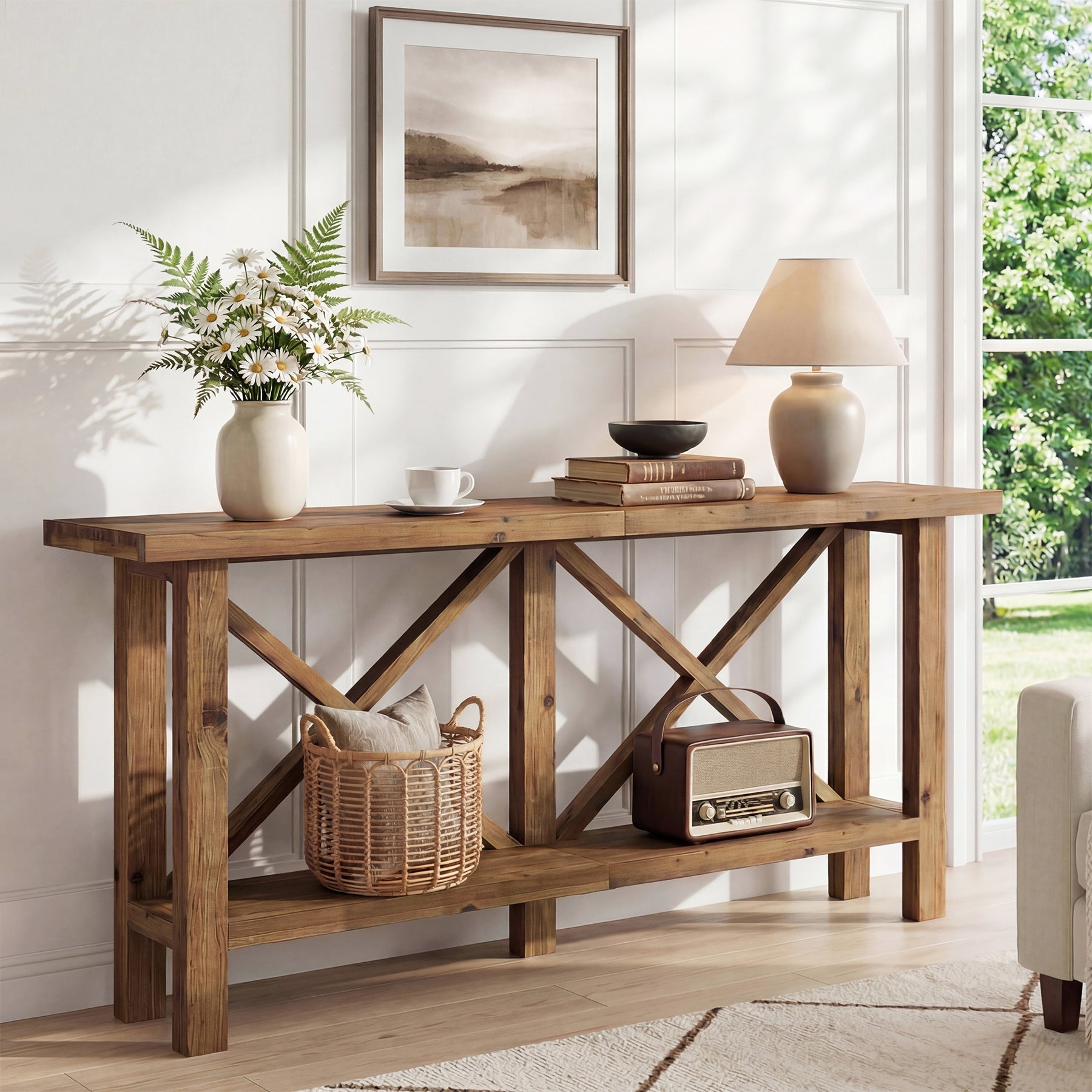 Console étroite de 180 cm, Table d'entrée à 2 niveaux en bois massif