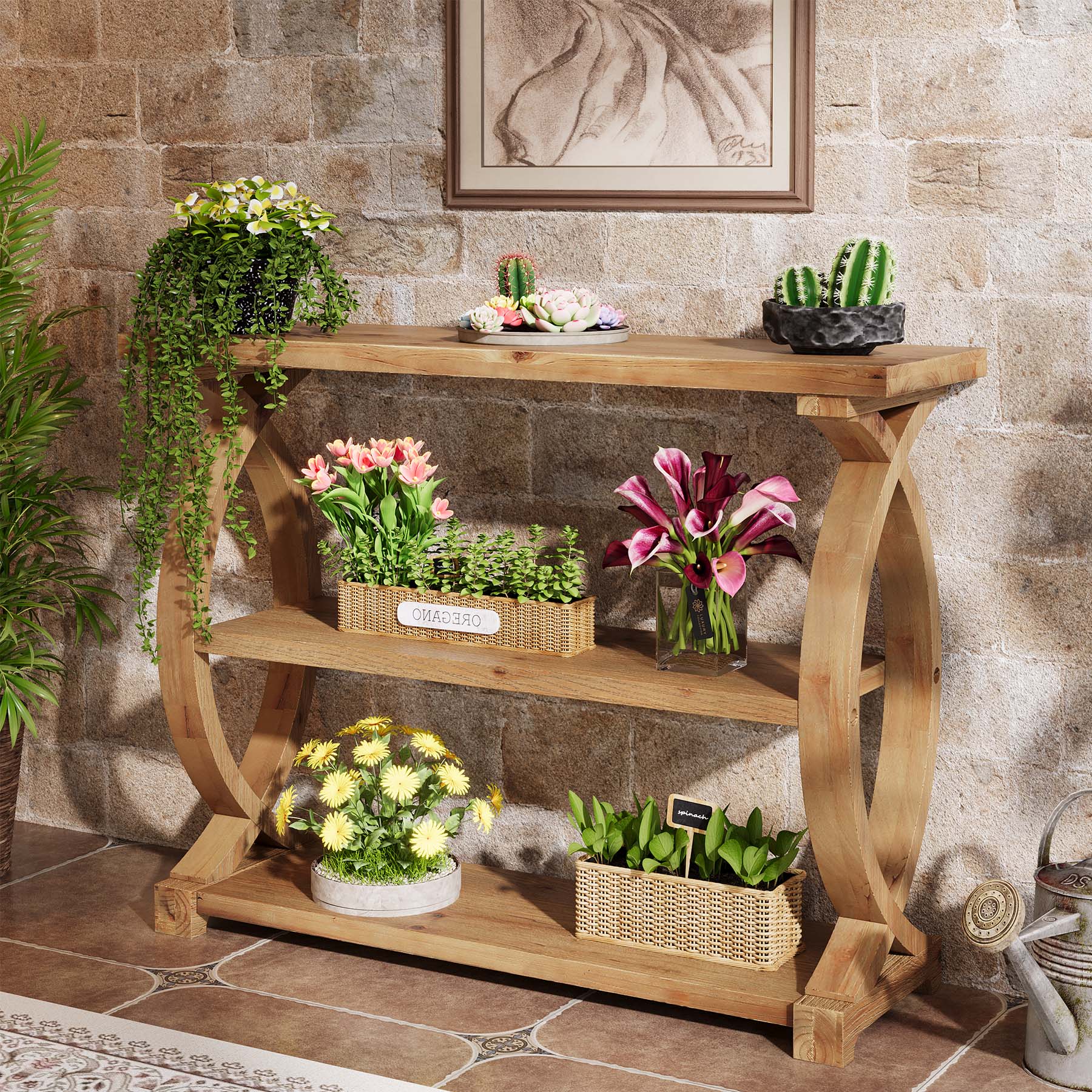 Tribesigns Console en bois massif de 105 cm, Table d'appoint étroite avec 3 étagères et un design en forme de queue de poisson sur les côtés