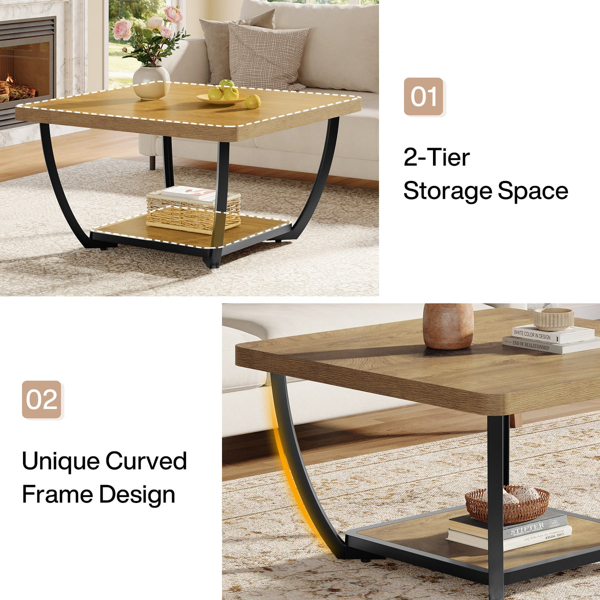 Tribesigns Table basse carrée de 80 cm avec étagère, Table de salon à deux niveaux avec structure en métal