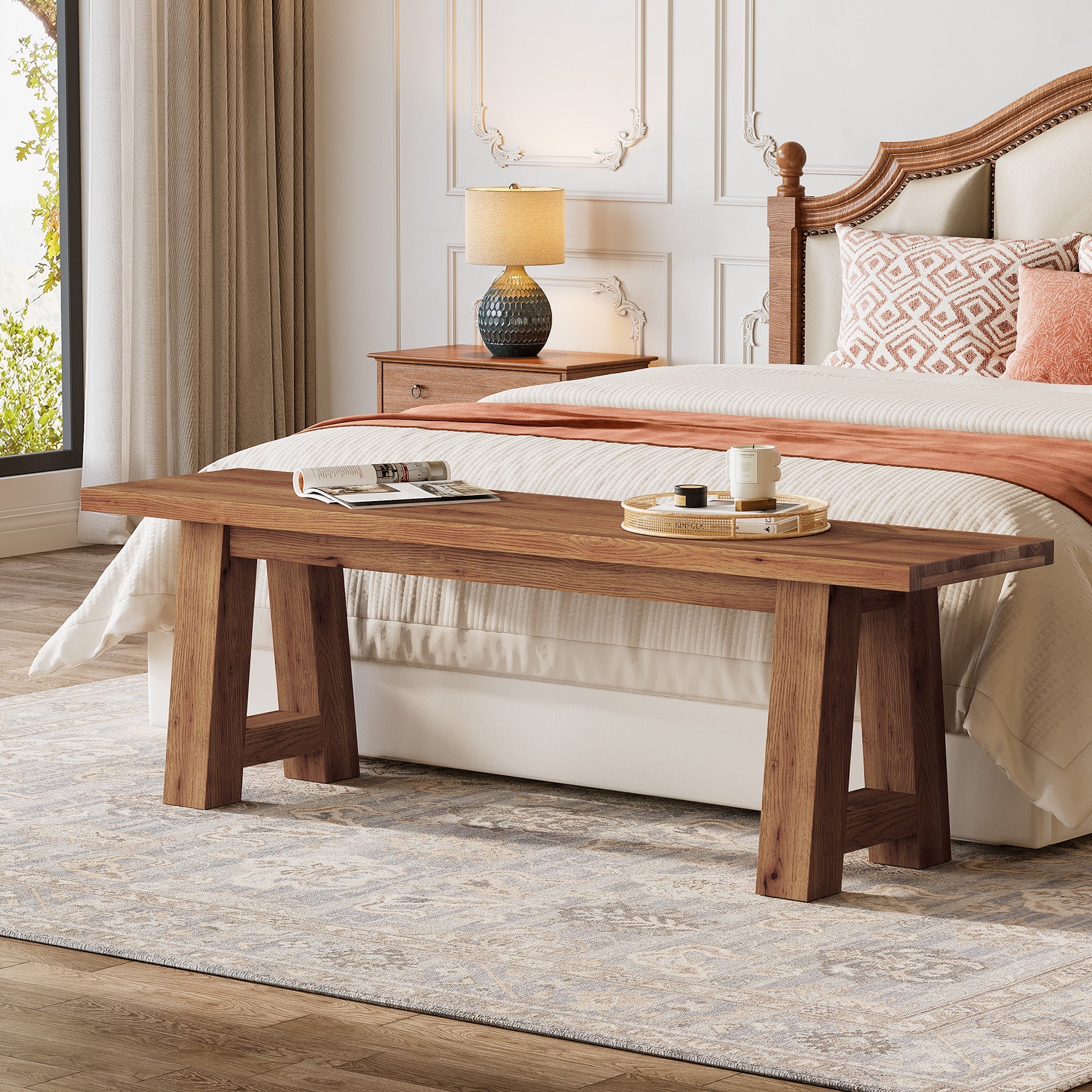 Banc en bois massif de 140 cm de long, Style champêtre en bois naturel