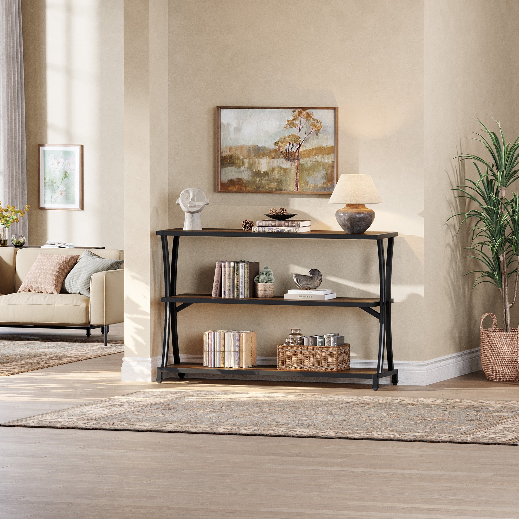 Tribesigns Console étroite de style industriel à 3 étagères, Table d'entrée et table basse aspect bois avec structure métallique robuste