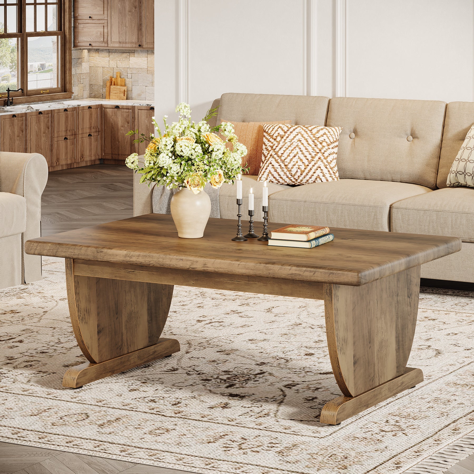 Tribesigns Table basse rectangulaire de 120 cm, Grande table en bois de style campagnard avec pied central robuste