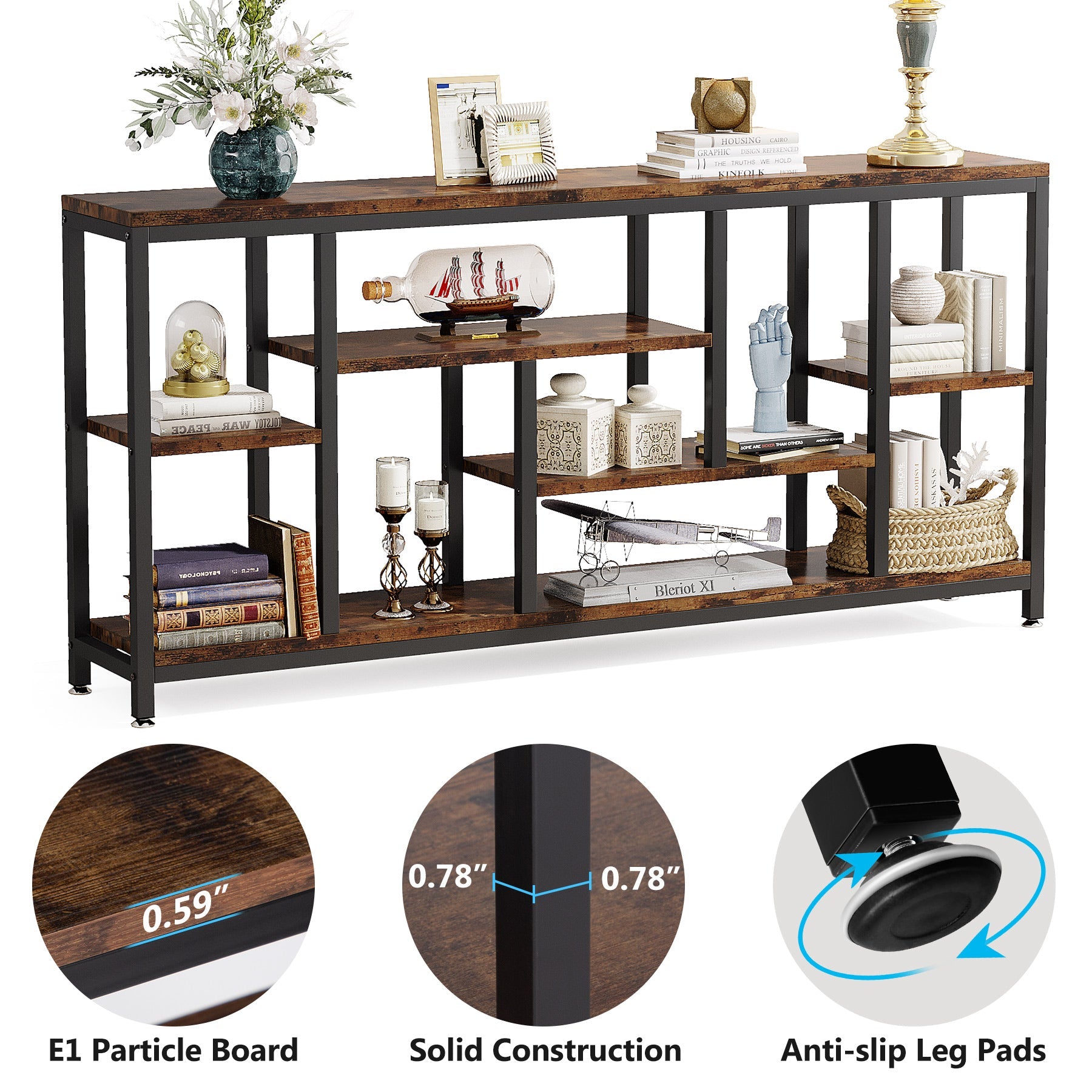 Tribesigns Console industrielle 180 x 30 cm avec rangement à 3 niveaux, Table d'appoint étroite à placer derrière le canapé