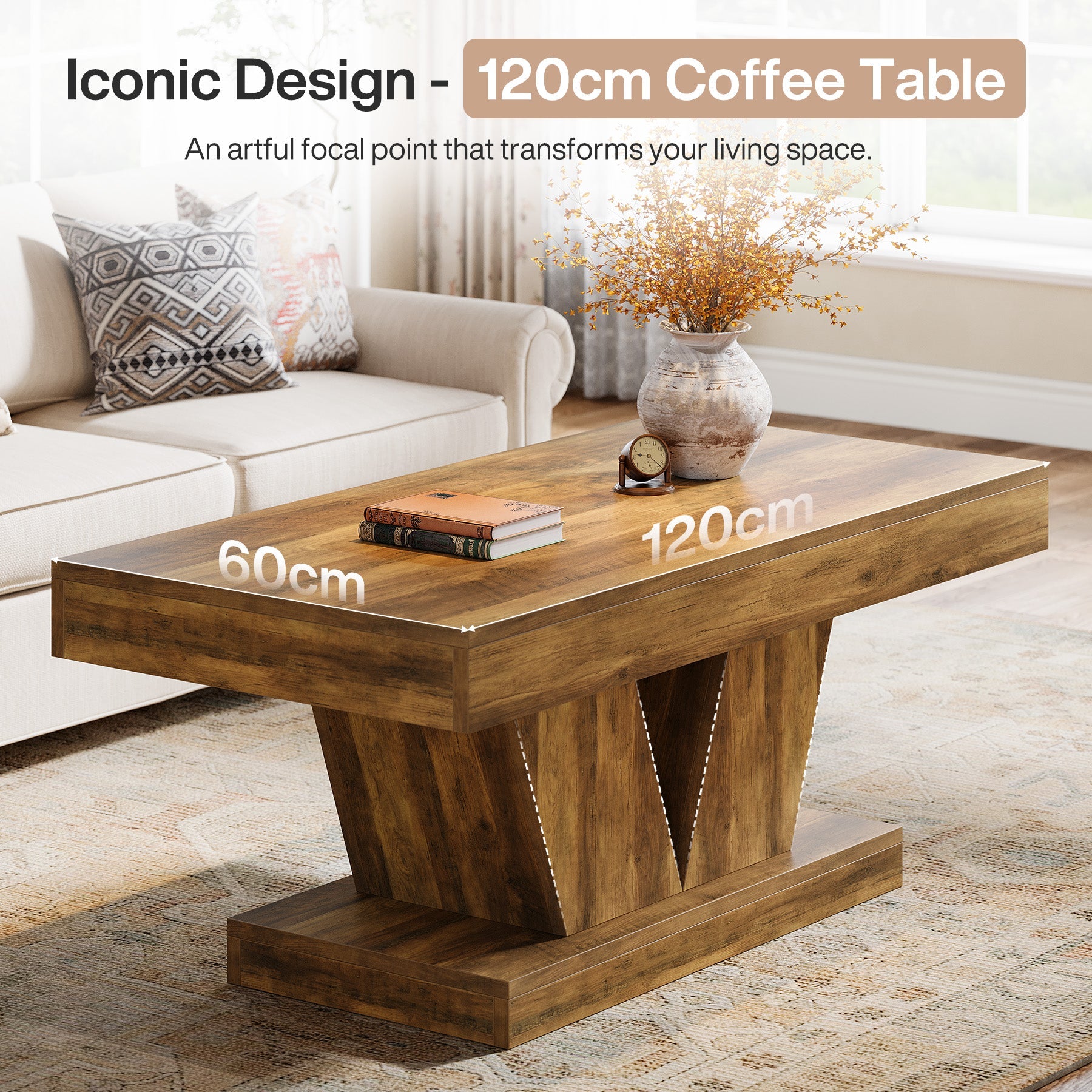 Tribesigns Table basse rectangulaire de 120 cm de long style mid-century, Table de salon aspect bois avec piètement massif et base en V