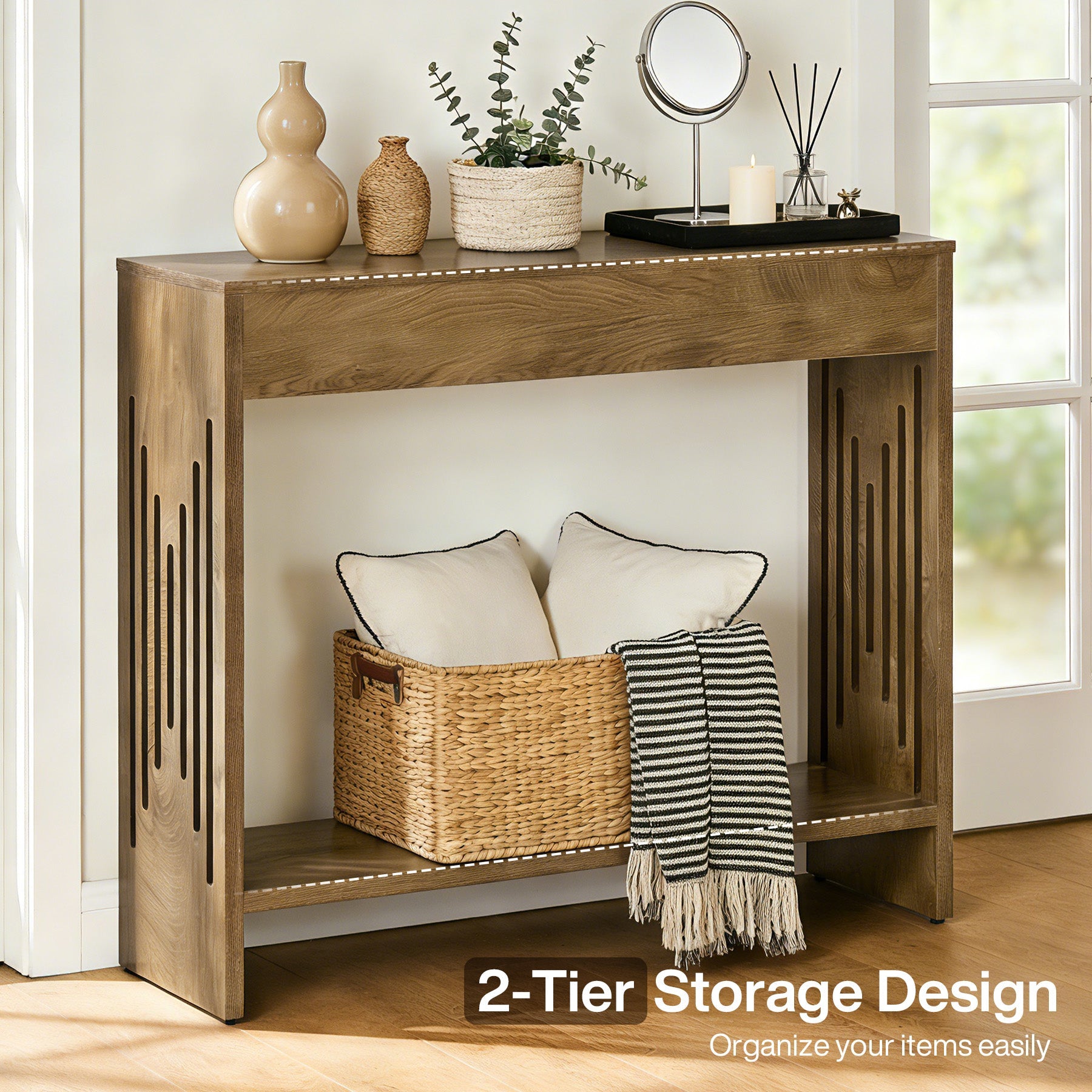 Tribesigns Console étroite de 105 cm Style campagnard avec 2 étagères et pieds rainurés