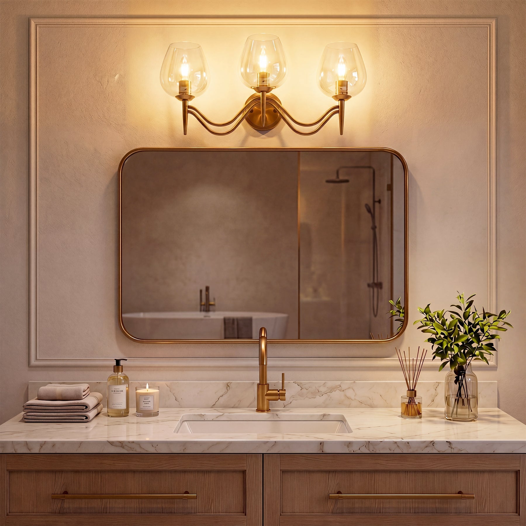 Applique murale de salle de bain à 3 lumières 58 cm en laiton avec miroir et verre transparent, douille E14
