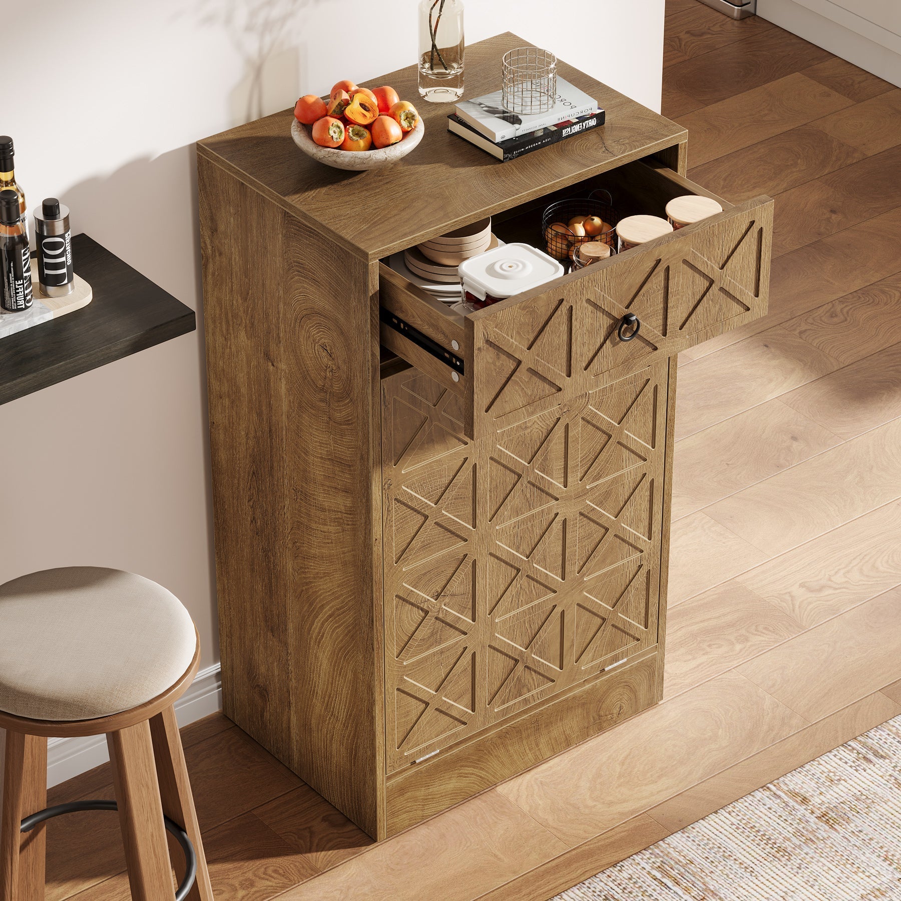 Tribesigns Poubelle en bois 49L avec tiroir caché et mécanisme d'inclinaison pour la cuisine