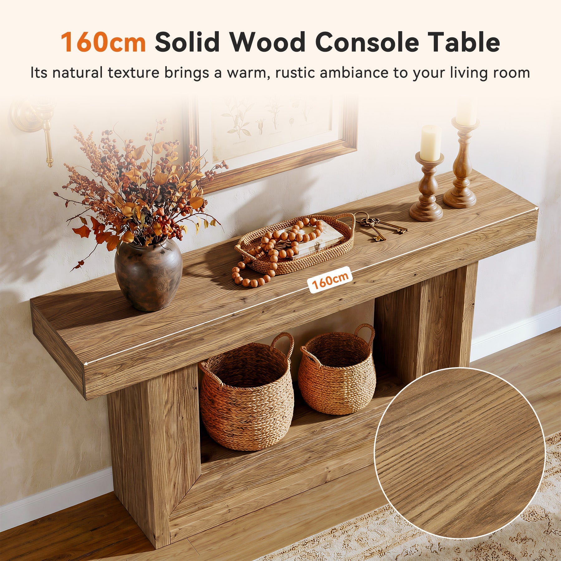TribesignsConsole étroite en bois massif de 160 cm, Style campagne avec piètement en U et étagère