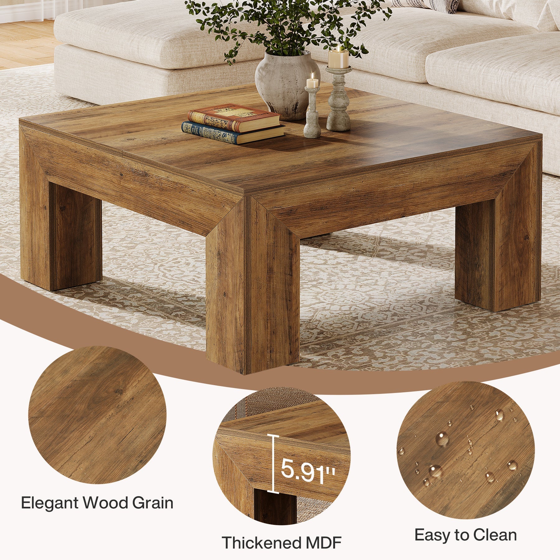 Tribesigns Table basse carrée de 100 cm Style campagnard