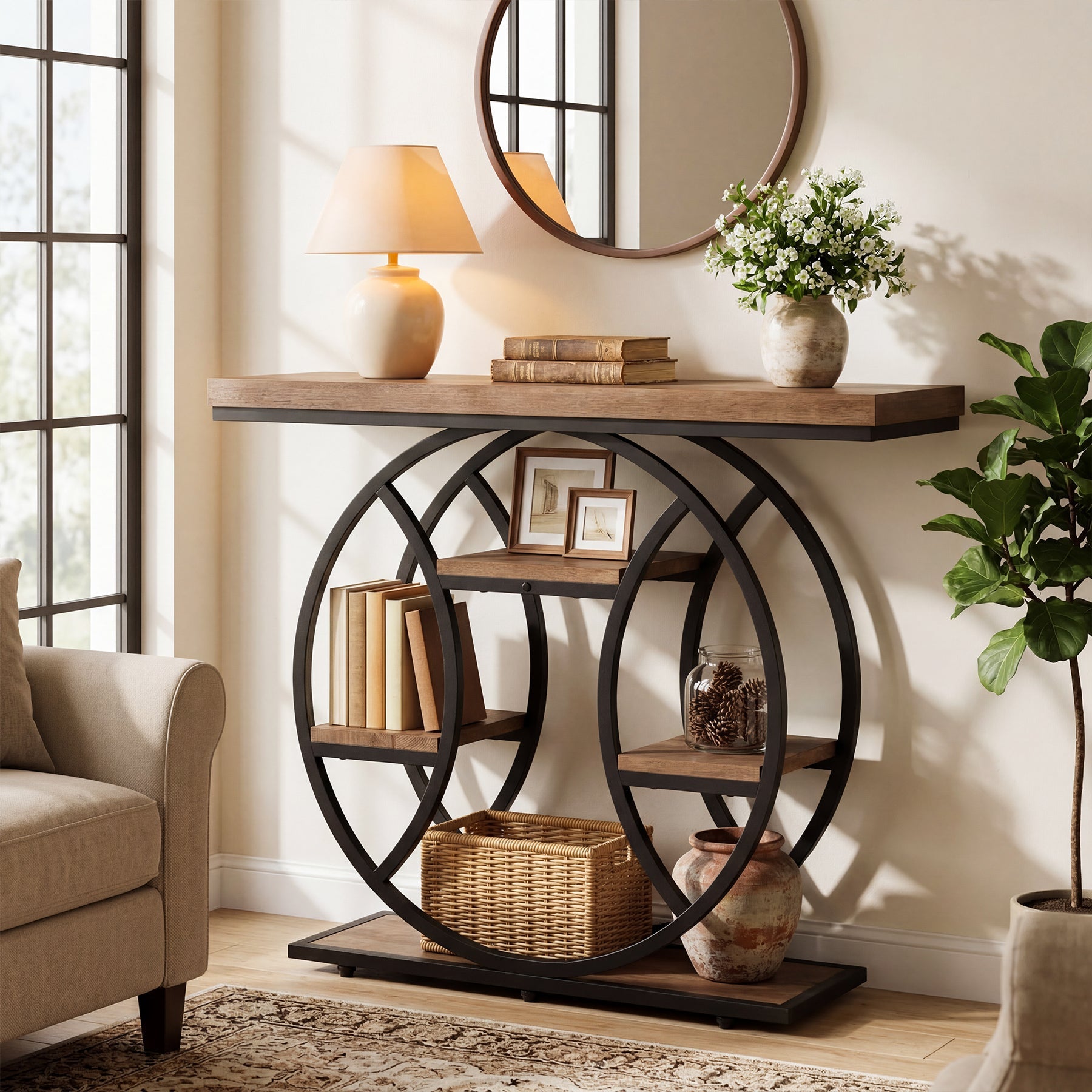 Tribesigns Console de 105 cm, Table d'appoint à 4 niveaux avec cadre rond