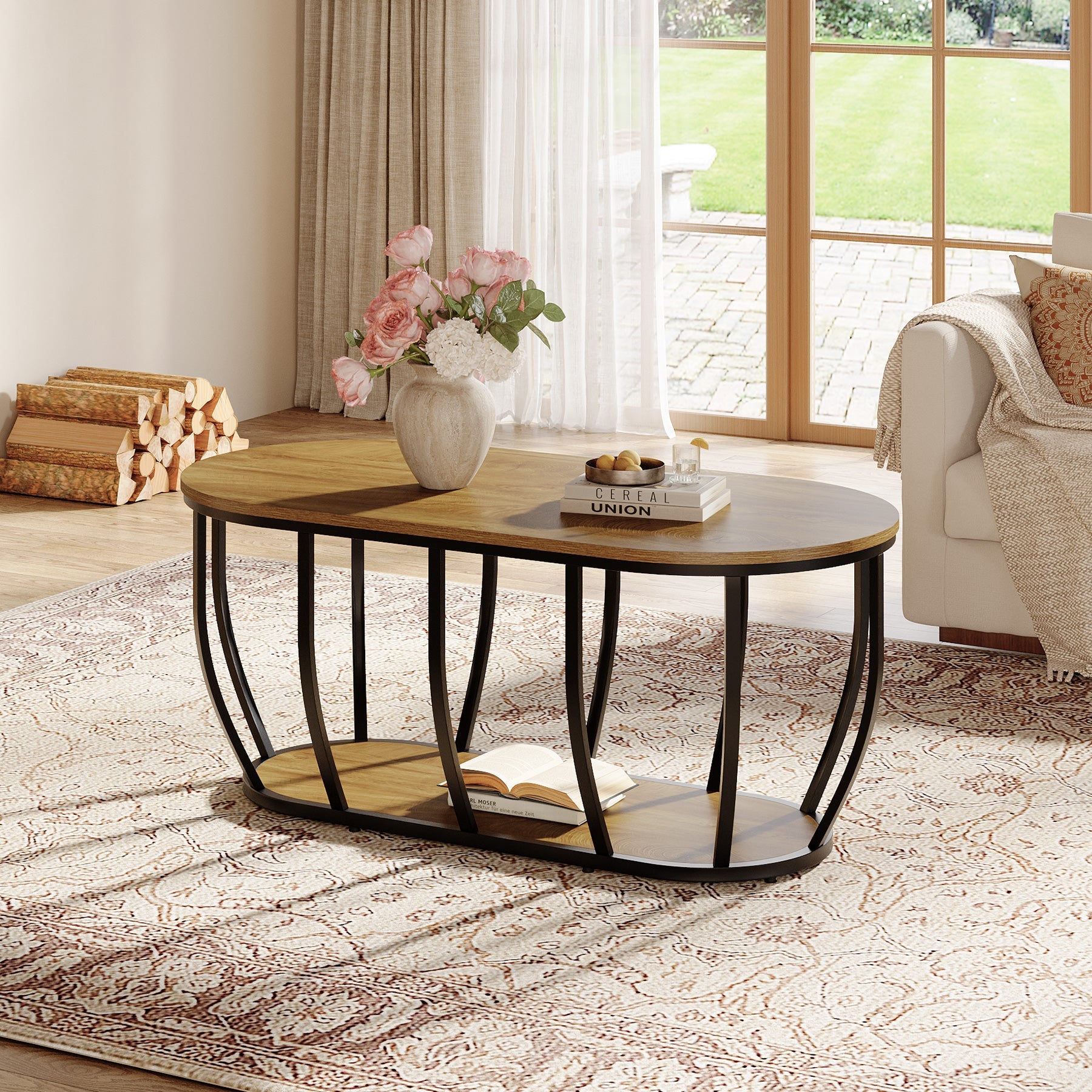 Tribesigns Table basse ovale de 120 cm de long, style industriel avec 2 étagères en bois