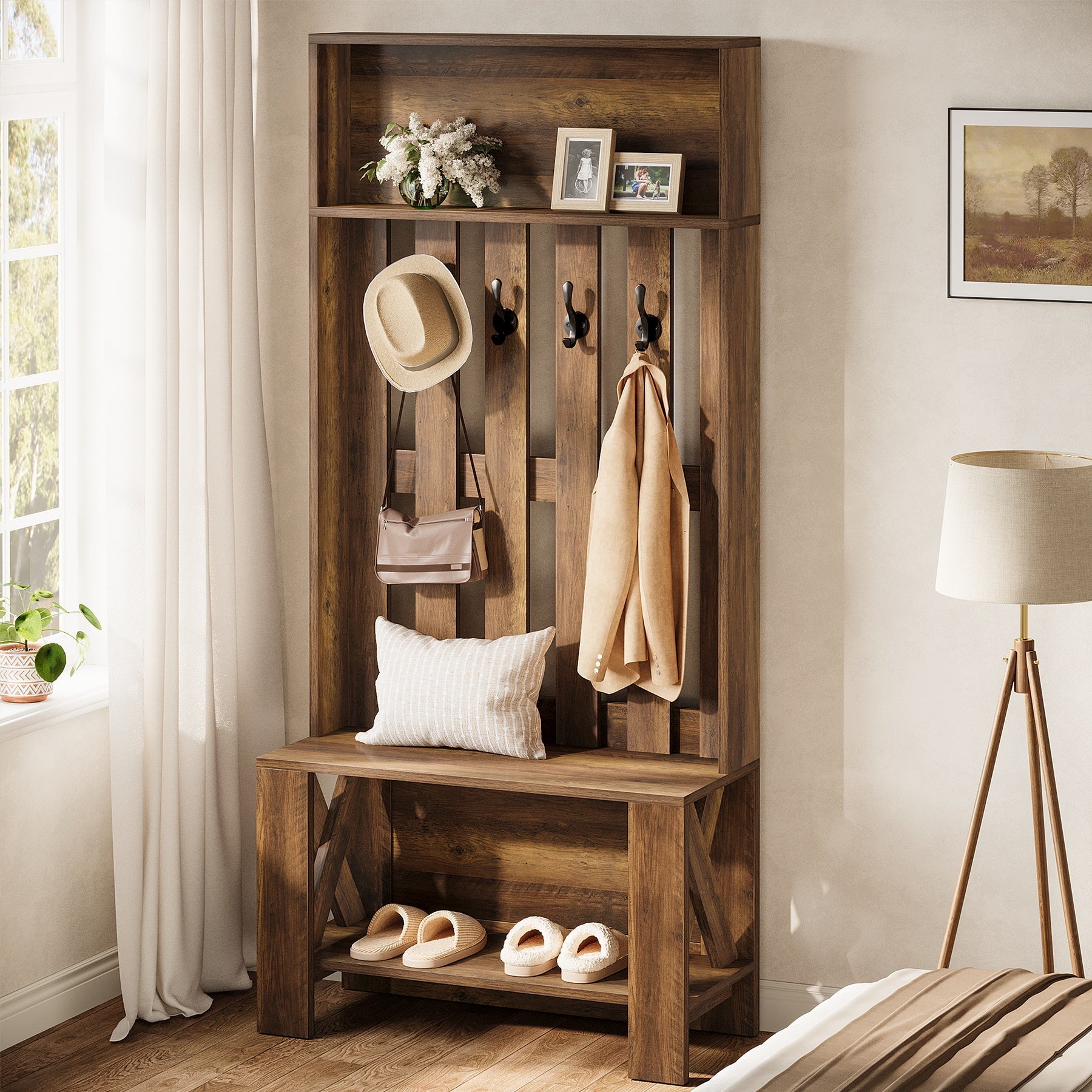 Meuble d'entrée de 180 cm avec banc et rangement à chaussures, Porte-manteau étroit avec crochets pour entrée et couloir