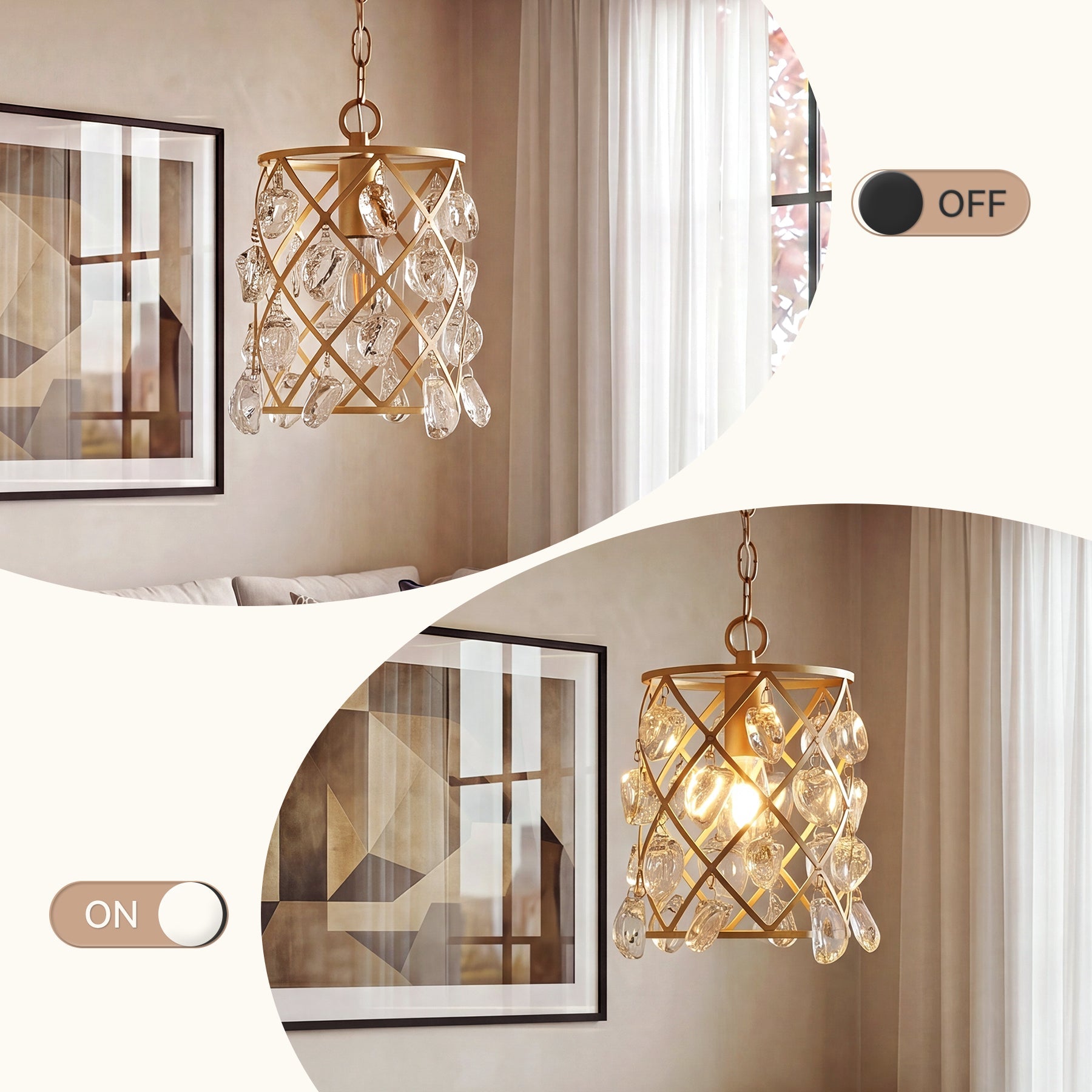 Luminaire suspendu moderne avec cristaux de verre effet vague et douille E27, Suspension dorée 17,5 x 17,5 x 30 cm, pour îlot de cuisine salle à manger et couloir [Classe énergétique E]