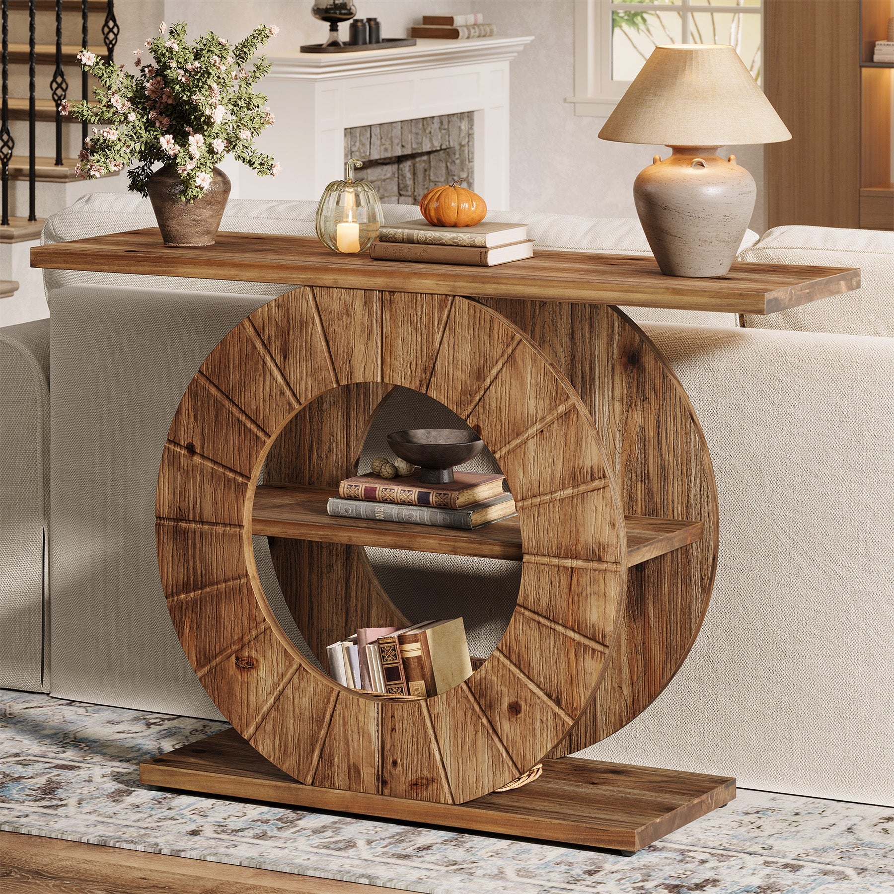 Tribesigns Console en bois massif de 105 cm avec 3 étagères, Console étroite de style champêtre