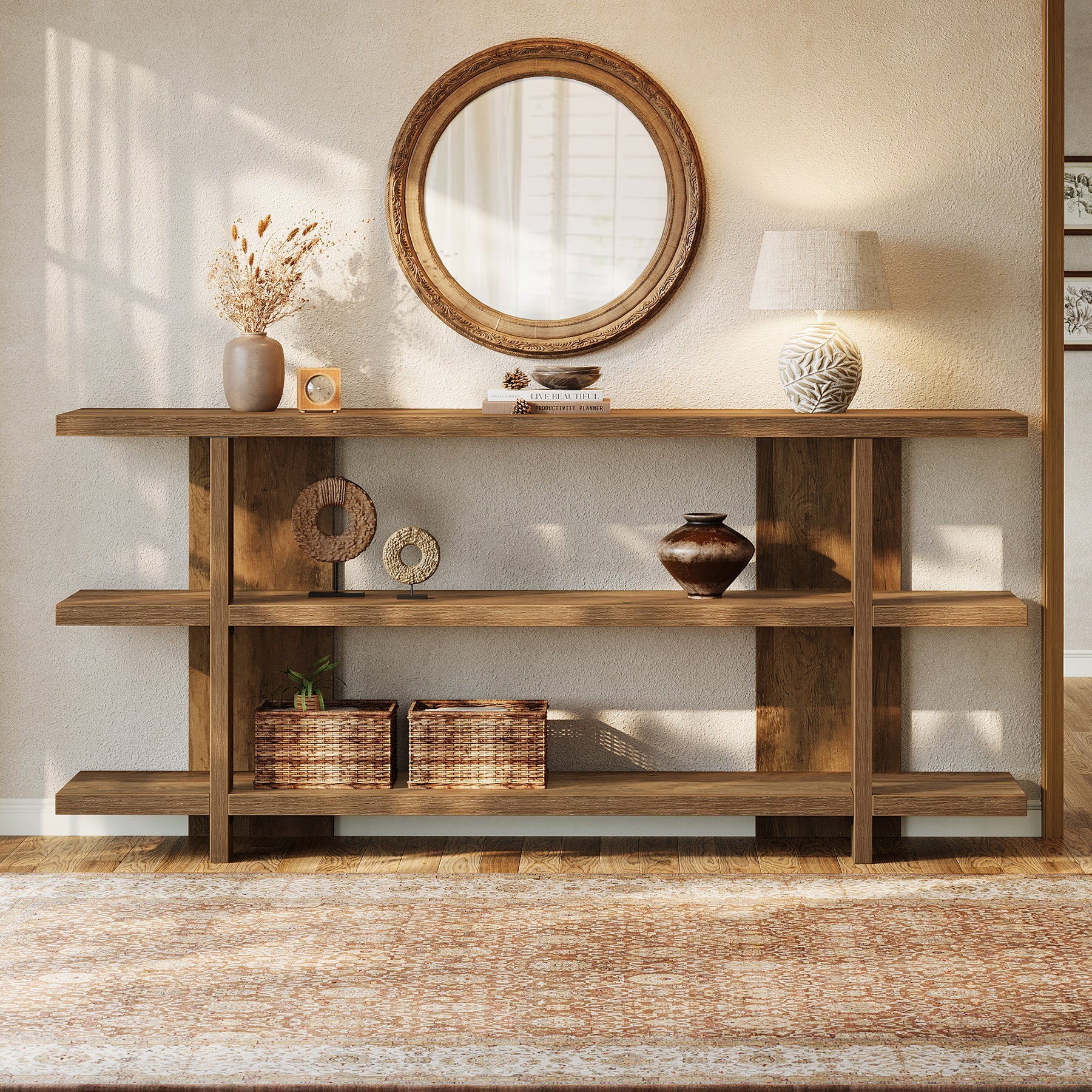 Tribesigns Console de 160 cm avec espace de rangement, Table d'entrée étroite en bois à 3 niveaux de style champêtre