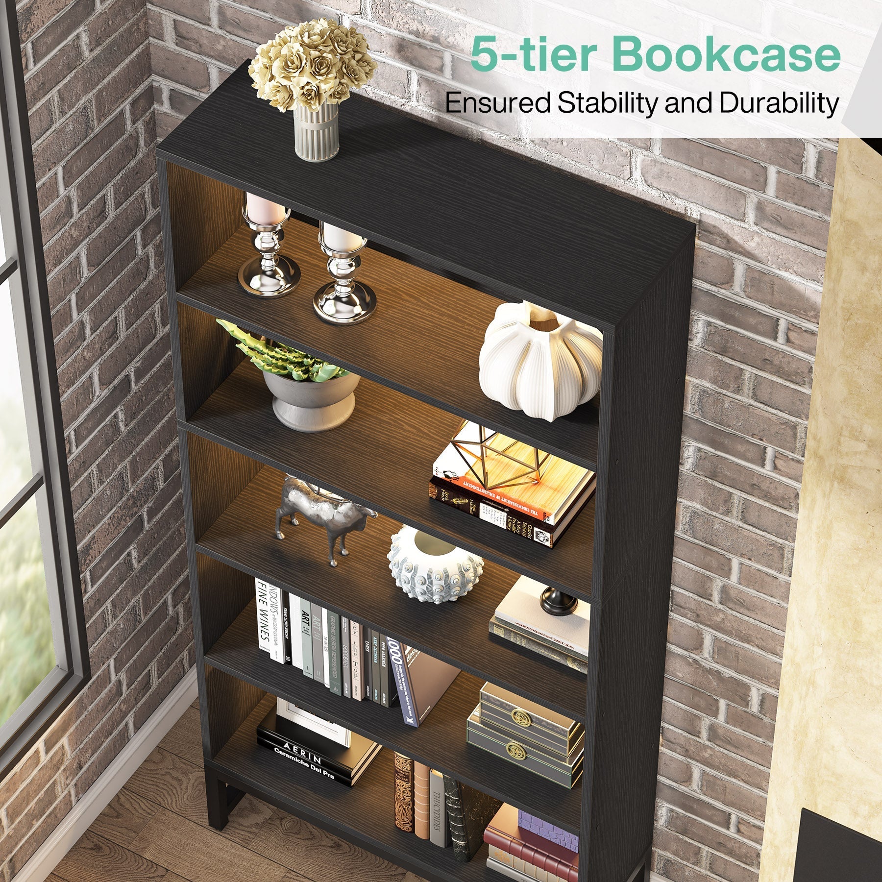 Tribesigns Bibliothèque de 180 cm de haut avec éclairage LED noire à 5 niveaux de rangement