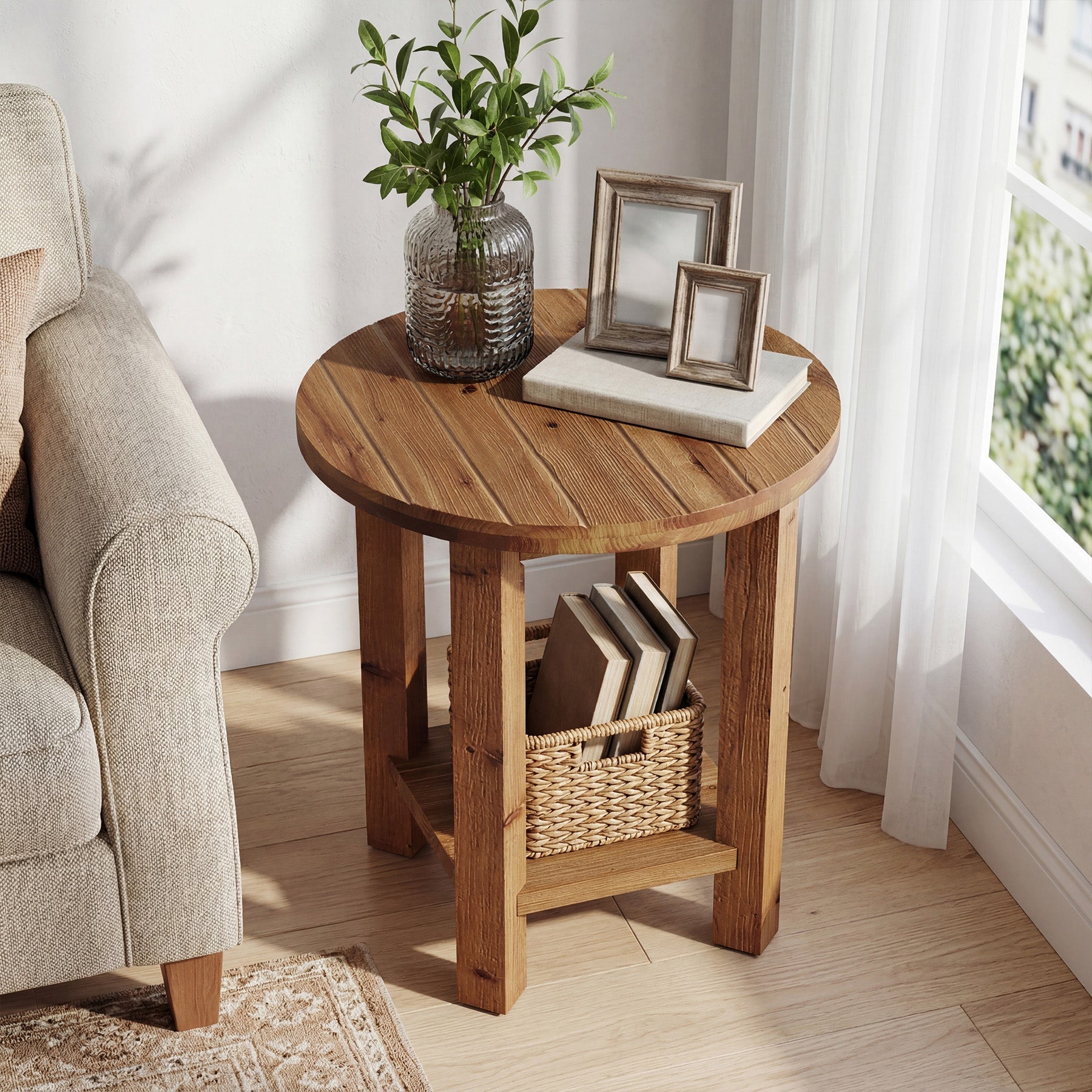 Table de chevet ronde de 50 cm, Table à 2 niveaux pour chambre à coucher
