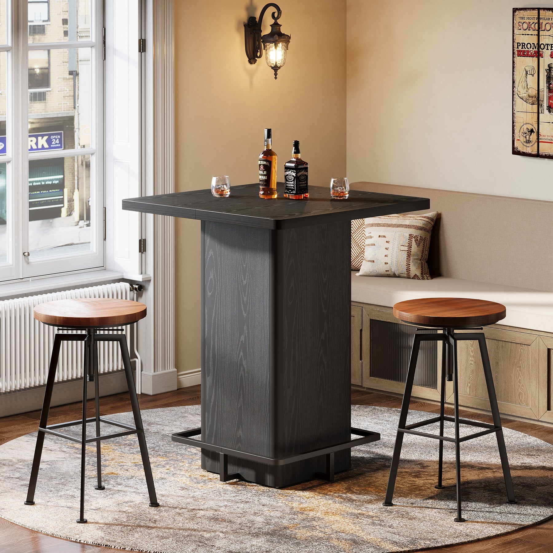 Tribesigns Table de bar carrée de 100 cm, Table noire laquée brillante pour cuisine