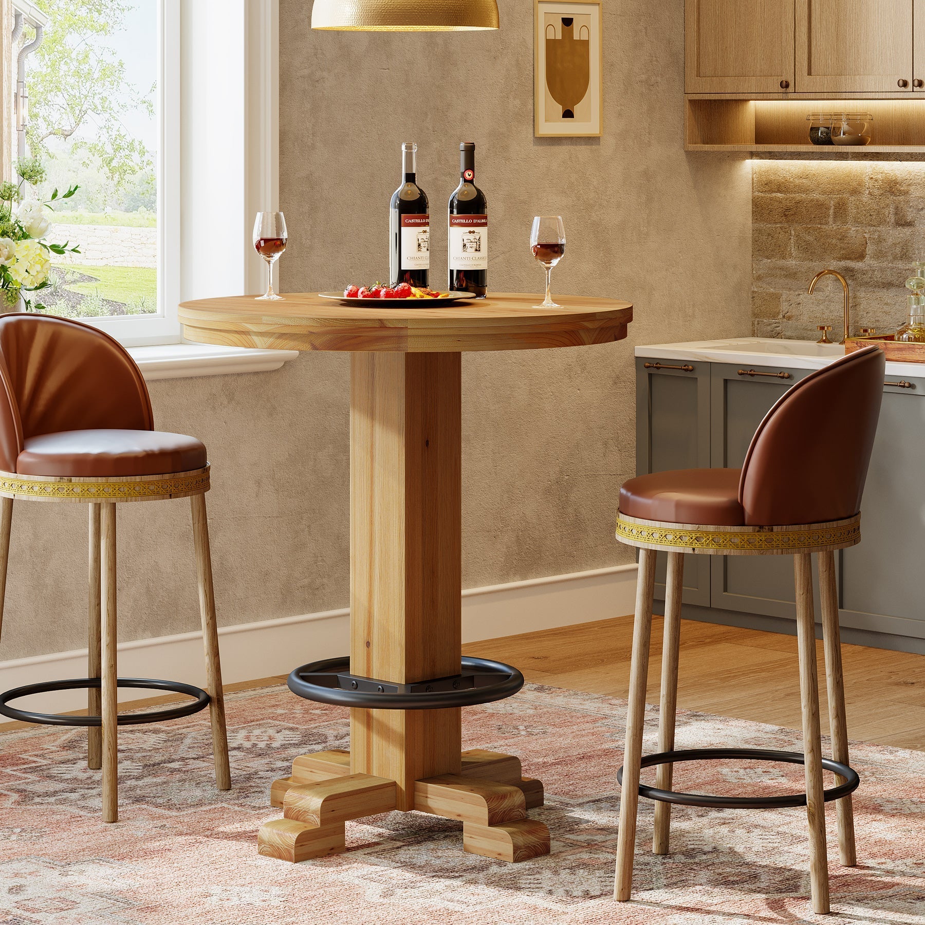 Table de bar ronde en bois massif, Table de bistrot de 95 cm de haut avec repose-pieds en métal