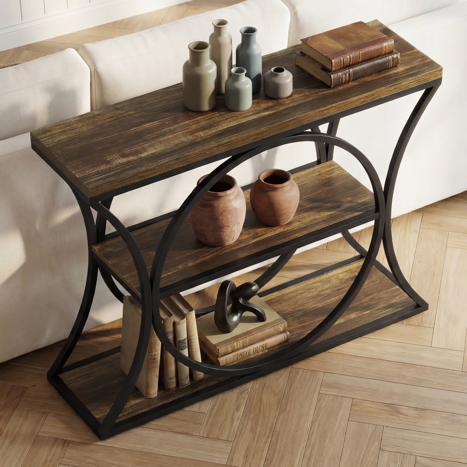 Tribesigns Console industrielle de 105 cm, Table d'appoint à 3 niveaux avec structure arquée