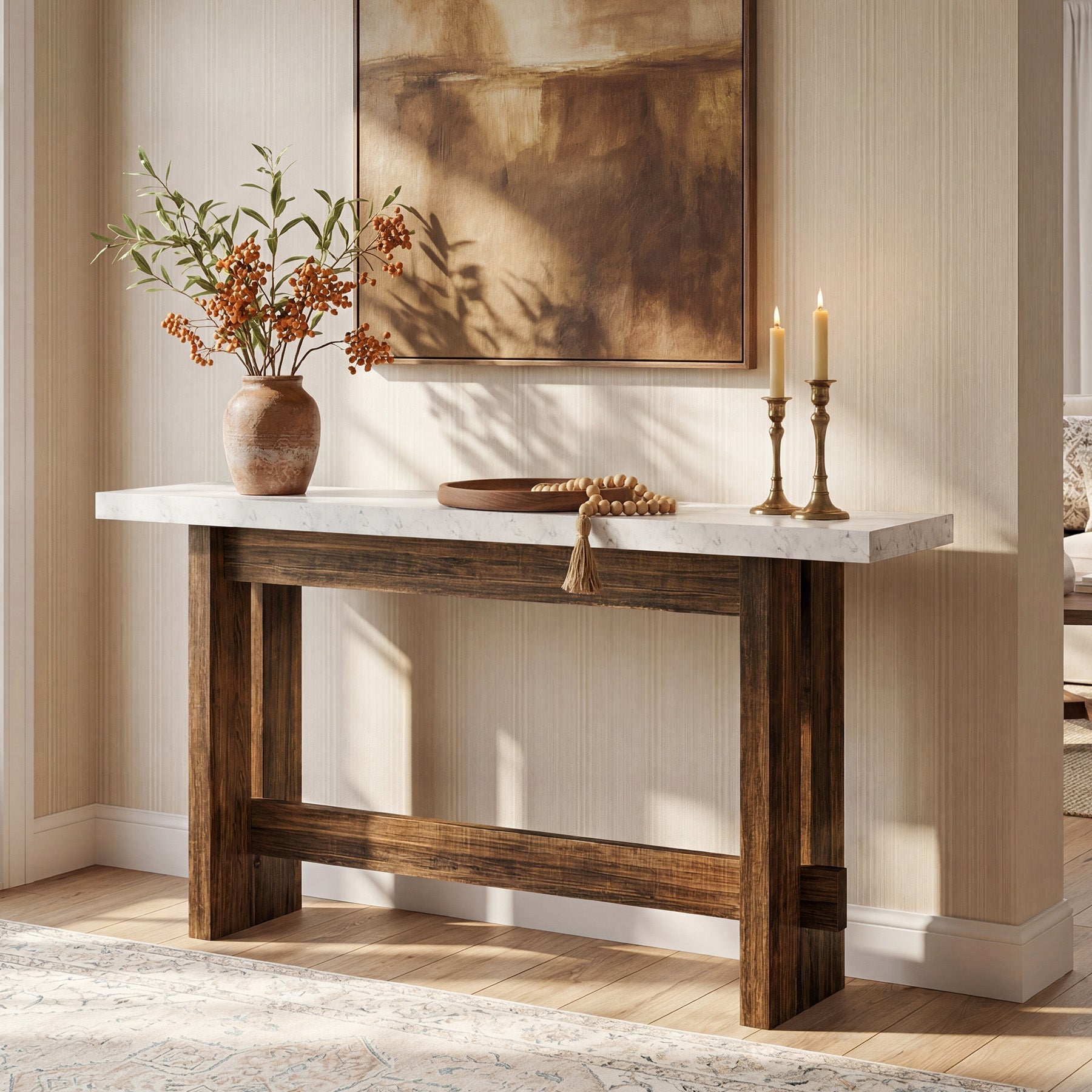 Tribesigns Console de style campagnard de 160 cm avec plateau aspect marbre, Table d'appoint étroite pour entrée et salon