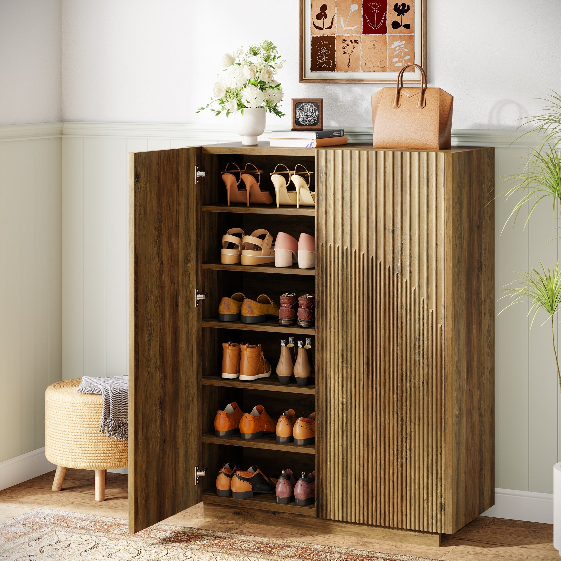 Tribesigns Meuble à chaussures à 7 niveaux, Rangement pour 24 paires de chaussures avec portes nervurées