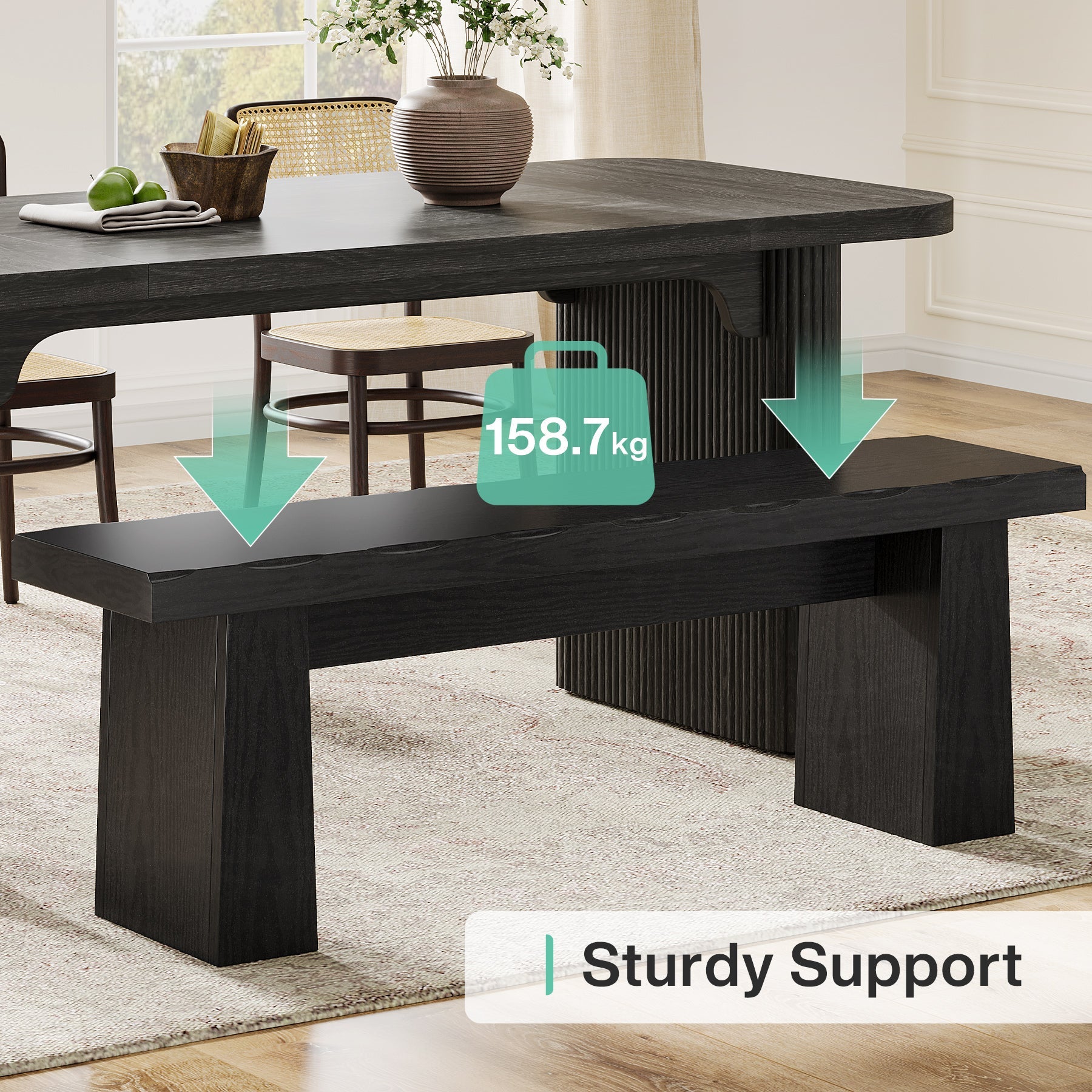 Banc noir de 120 cm, Banc en bois moderne, Banc de salle à manger polyvalent au design minimaliste