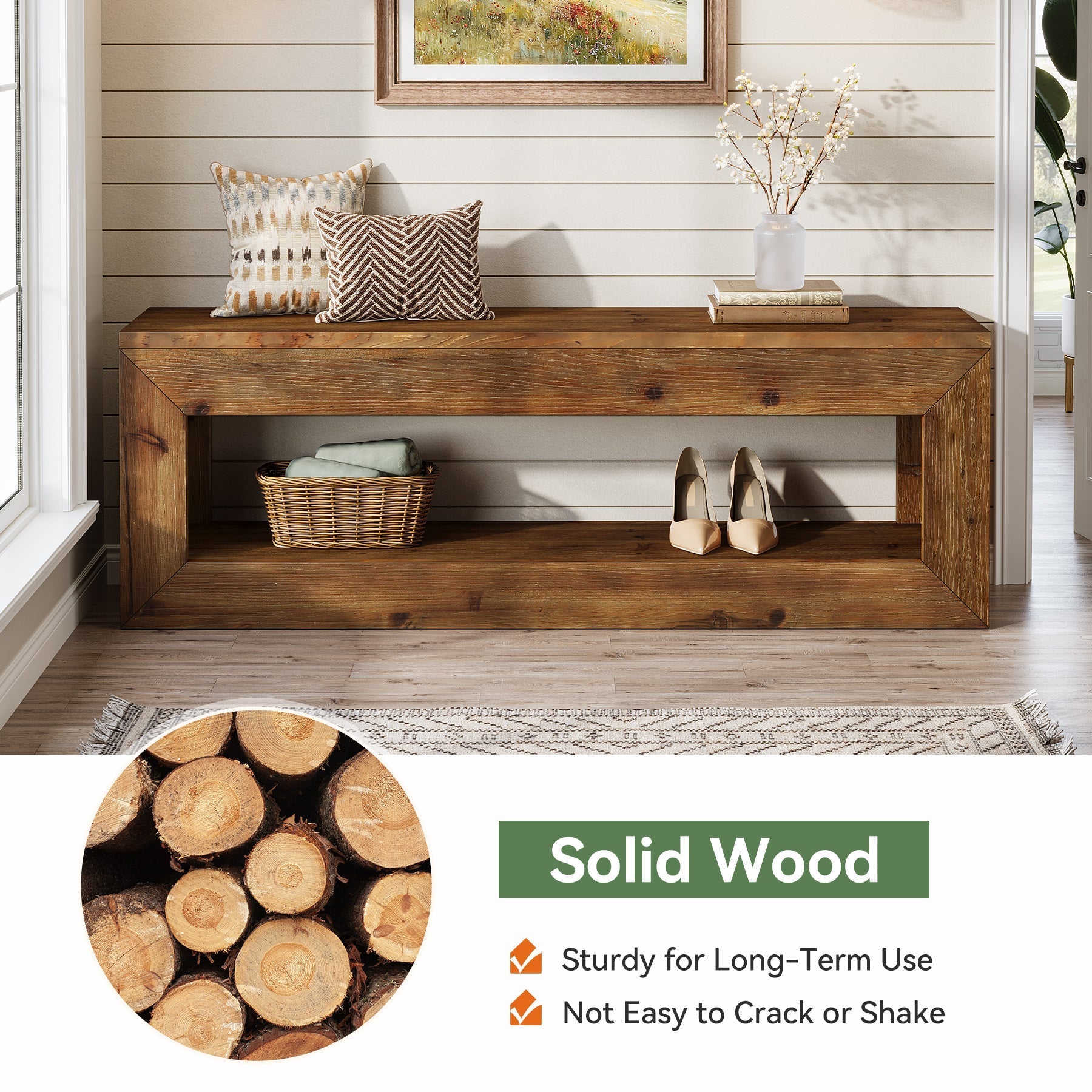 Banc d'entrée en bois massif de 120 cm avec étagère de rangement style rustique