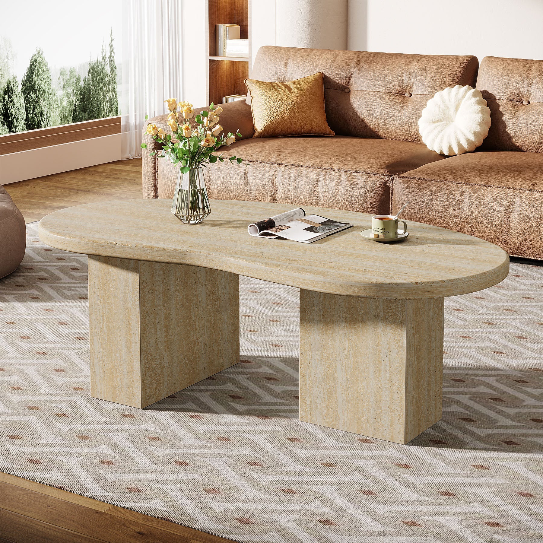 Tribesigns Table basse 115 cm, Table de cocktail ovale avec piédestal asymétrique