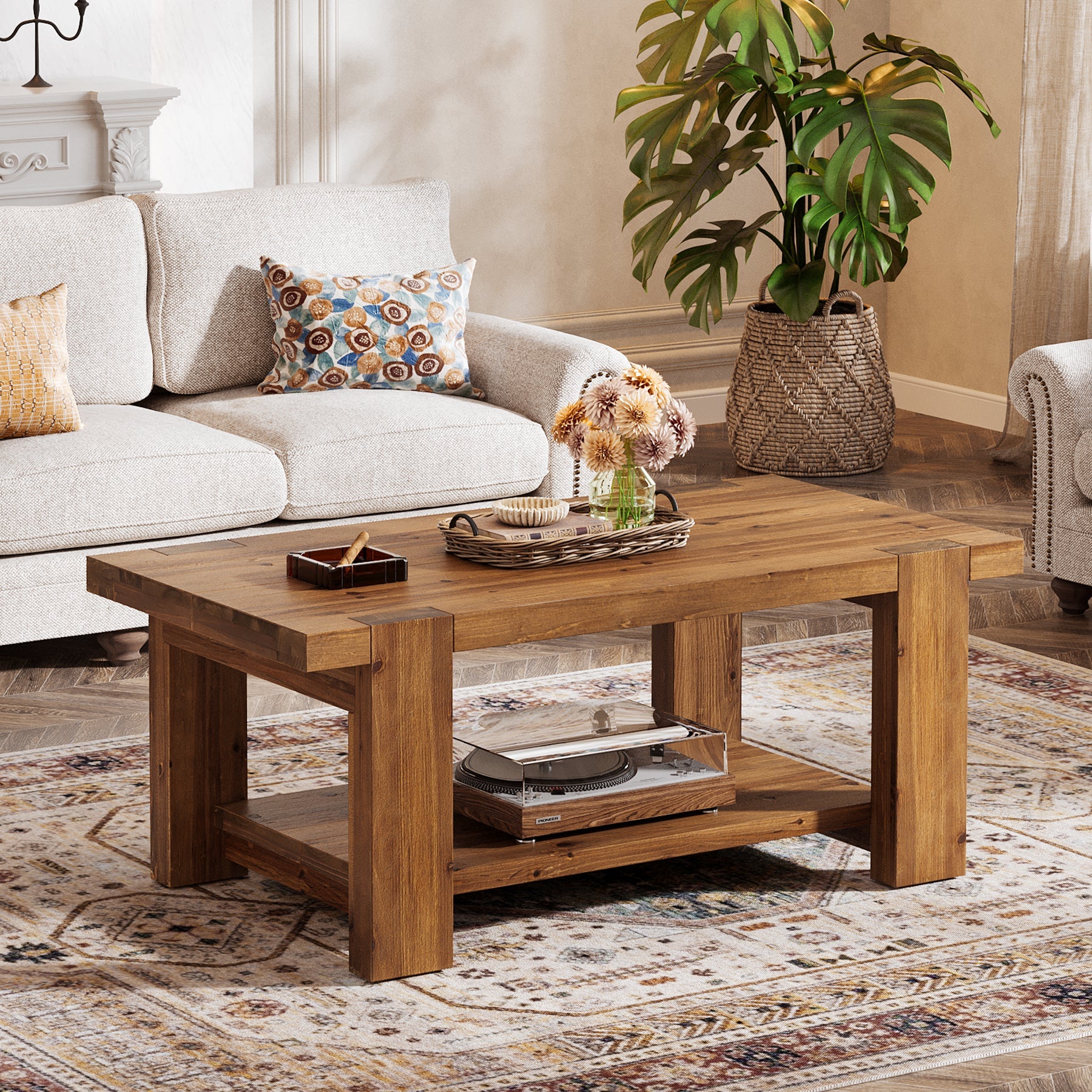 Tribesigns Massivholz Couchtisch 120 cm, Rechteckiger Wohnzimmertisch mit Ablage