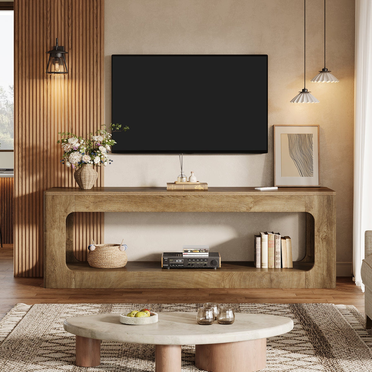 Tribesigns Meuble TV bas 160 cm style maison de campagne pour téléviseurs de 55 à 75 pouces avec 2 niveaux