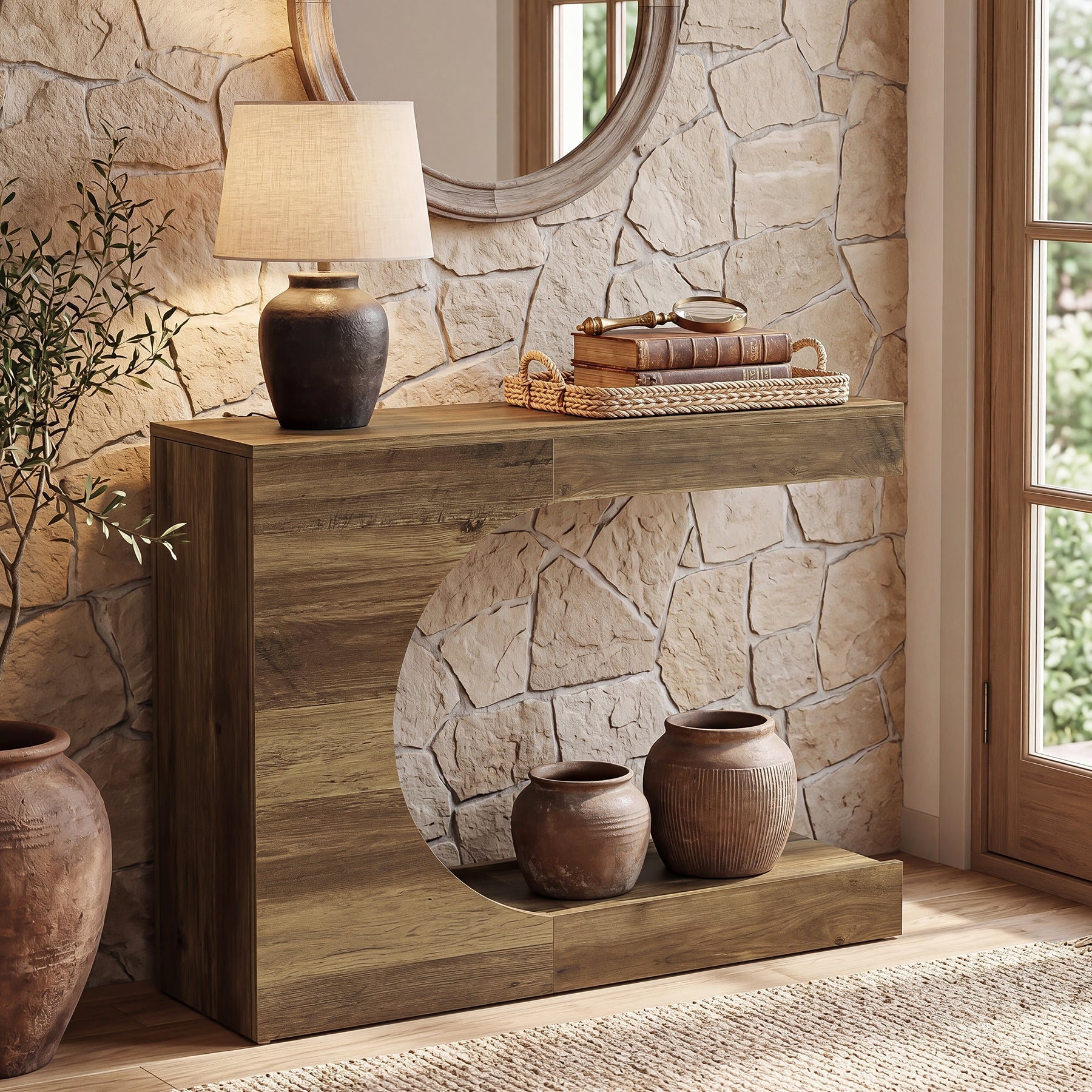 Tribesigns Console 100 cm, Table d'entrée en forme de C avec 2 étagères, style campagne moderne