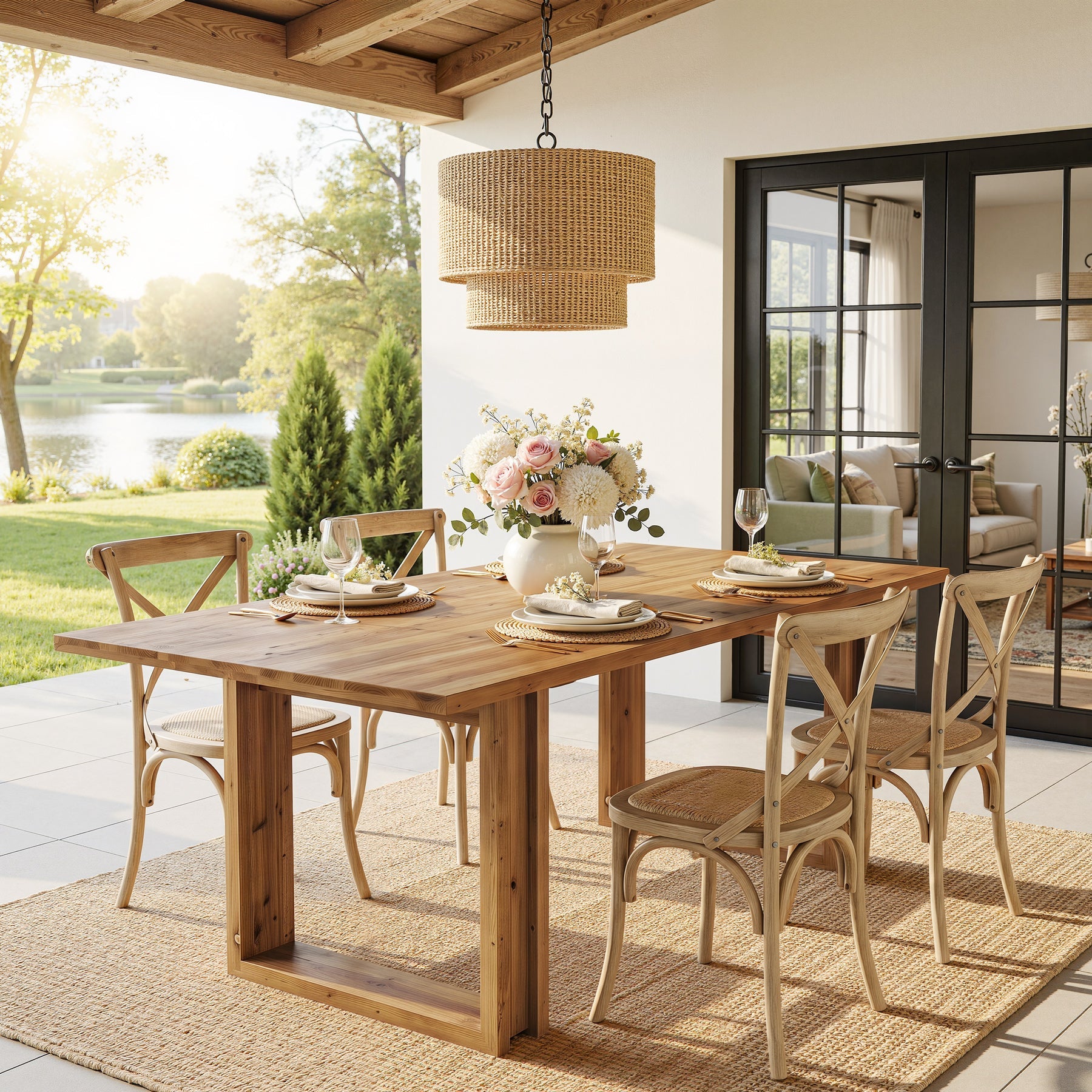 Table de salle à manger en bois massif de 160 cm pour 4 à 6 personnes, Table de cuisine rectangulaire de style champêtre