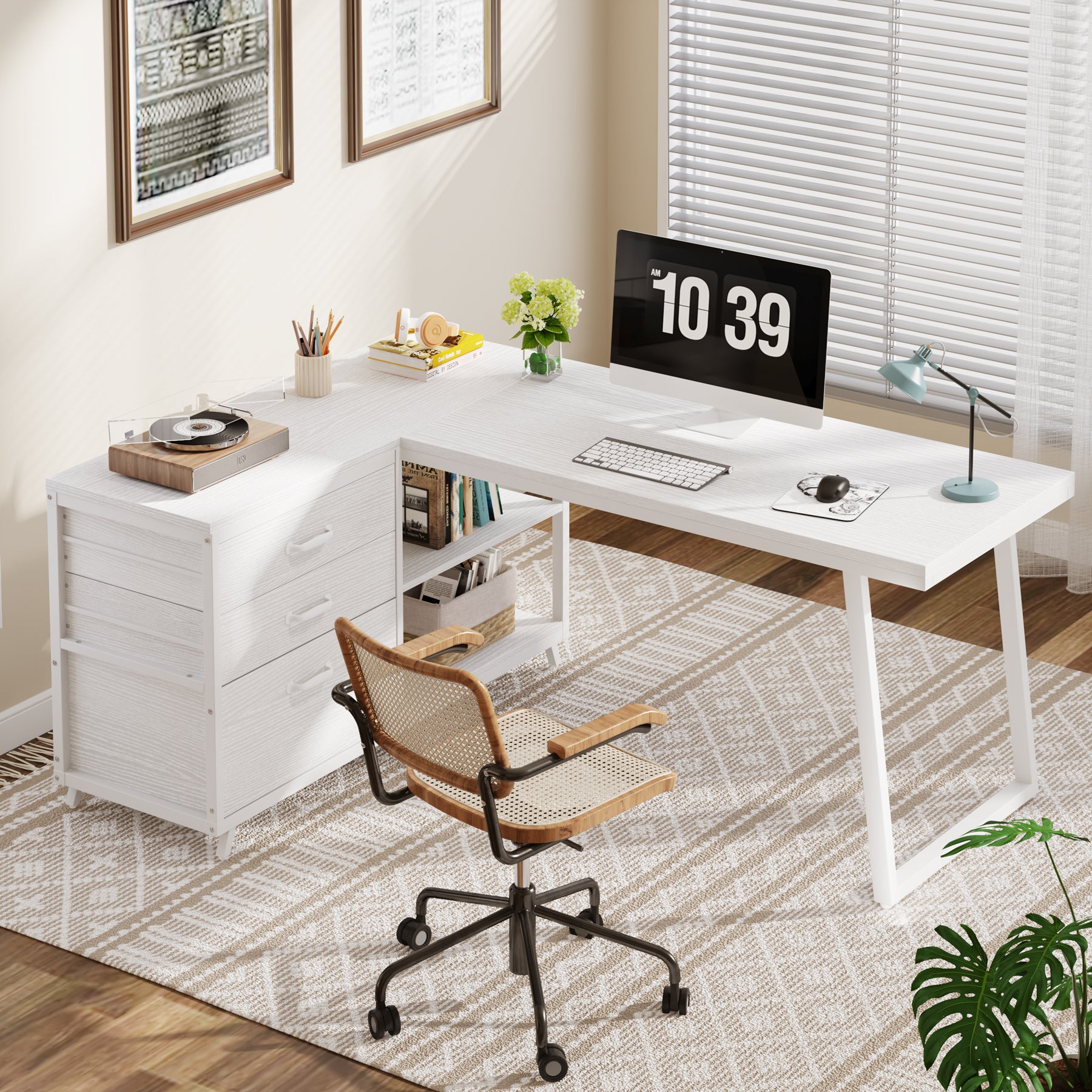 Tribesigns Bureau d'ordinateur en forme de L avec 3 tiroirs, Bureau d'angle réversible avec étagères