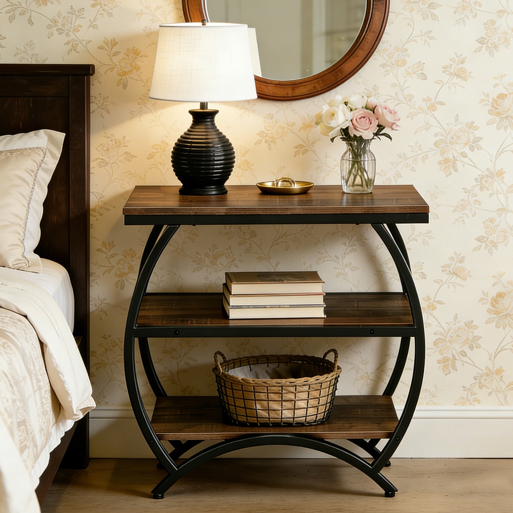 Tribesigns Table d'appoint étroite de 60 cm avec 3 niveaux de rangement, Table de chevet industrielle pour salon ou chambre