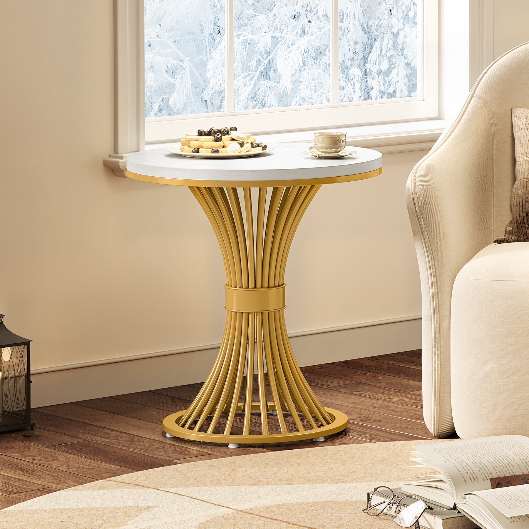 Tribesigns Table d'appoint ronde 51 cm avec plateau effet marbre, Table d'appoint blanche et piètement en métal doré