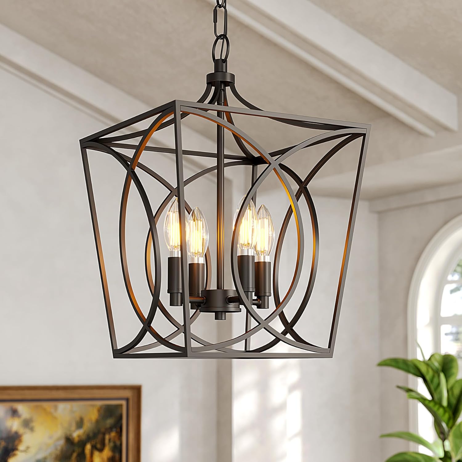 Tribesigns Lustre industriel noir, Suspension géométrique avec 4 douilles E14 hauteur réglable