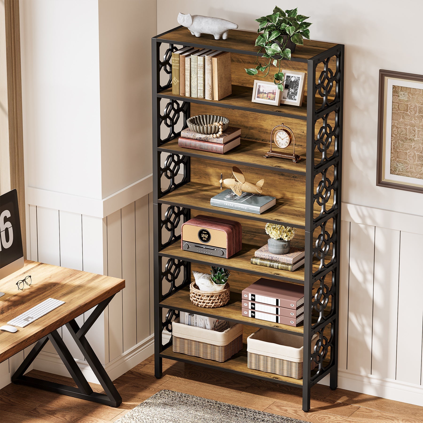 71" Bookshelf, 7 - Tier Etagere Bookcase Corner Storage Organizer Tribesigns