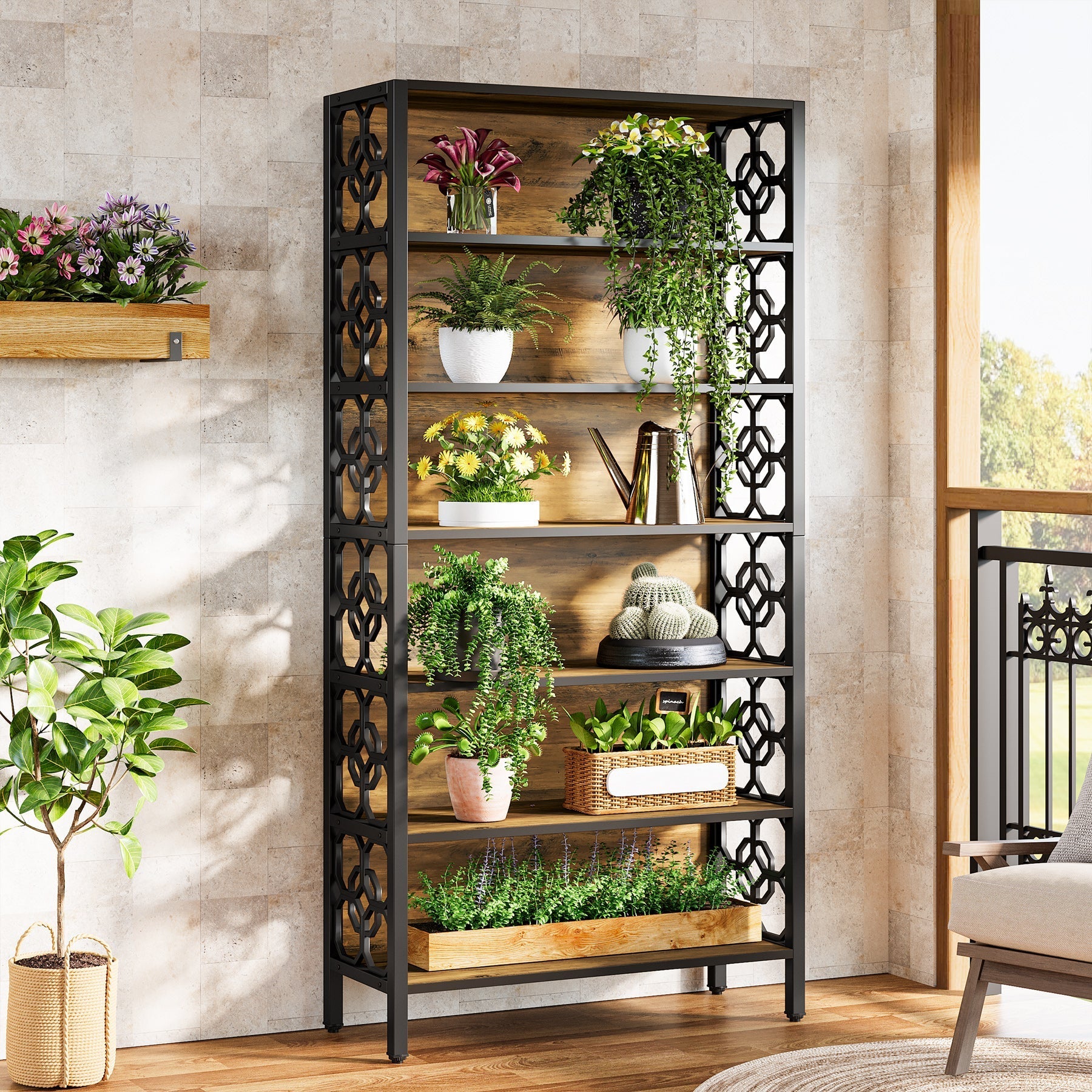 71" Bookshelf, 7 - Tier Etagere Bookcase Corner Storage Organizer Tribesigns