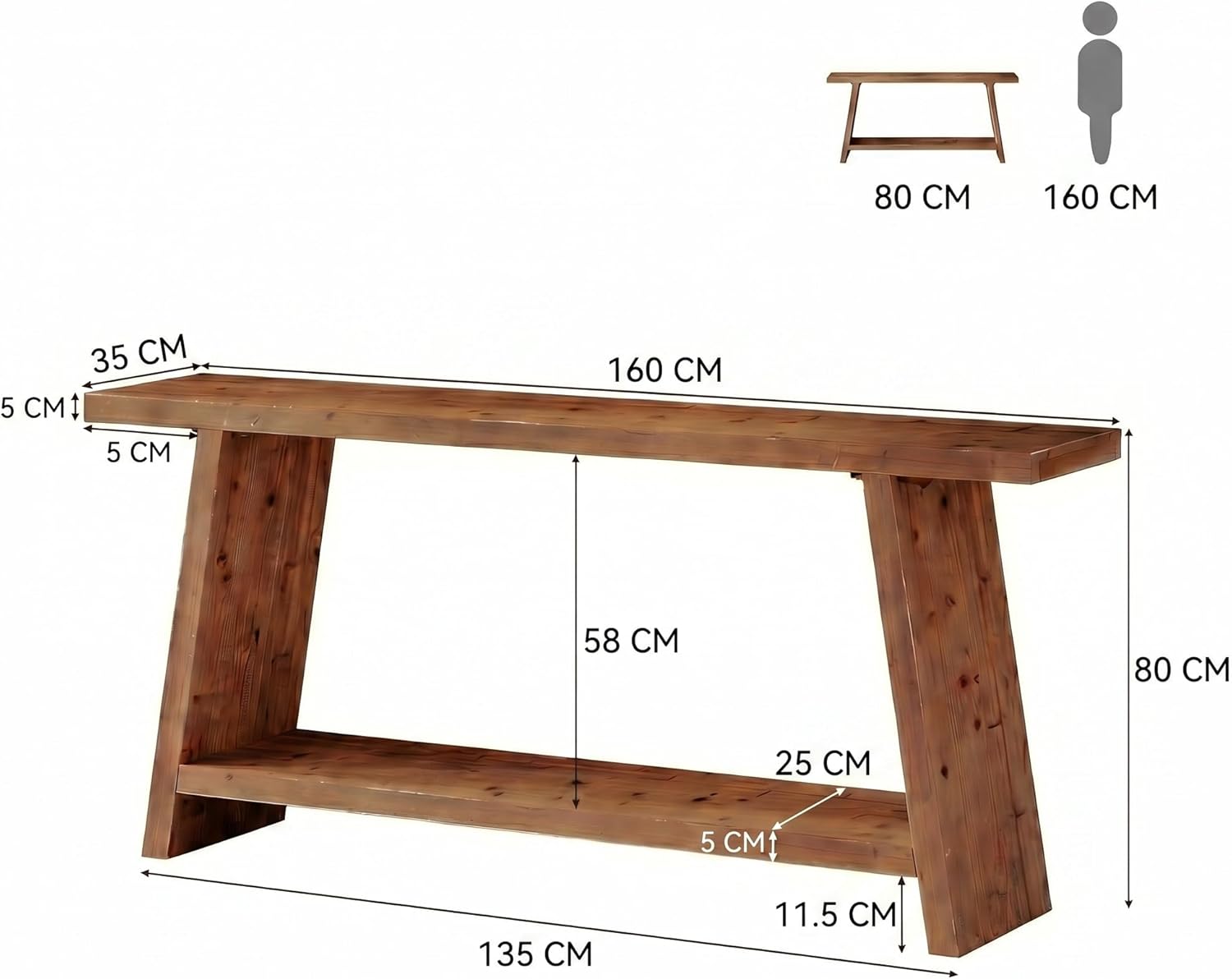 Table console de 160 cm de long, Table d'appoint étroite en bois massif avec 2 étagères