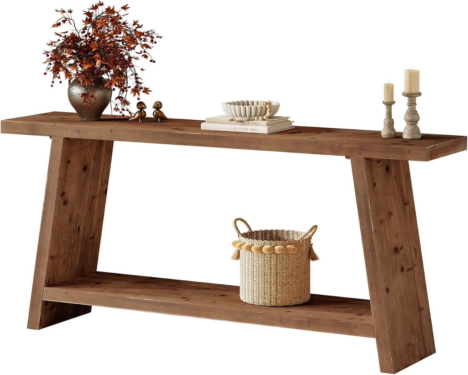 Table console de 160 cm de long, Table d'appoint étroite en bois massif avec 2 étagères