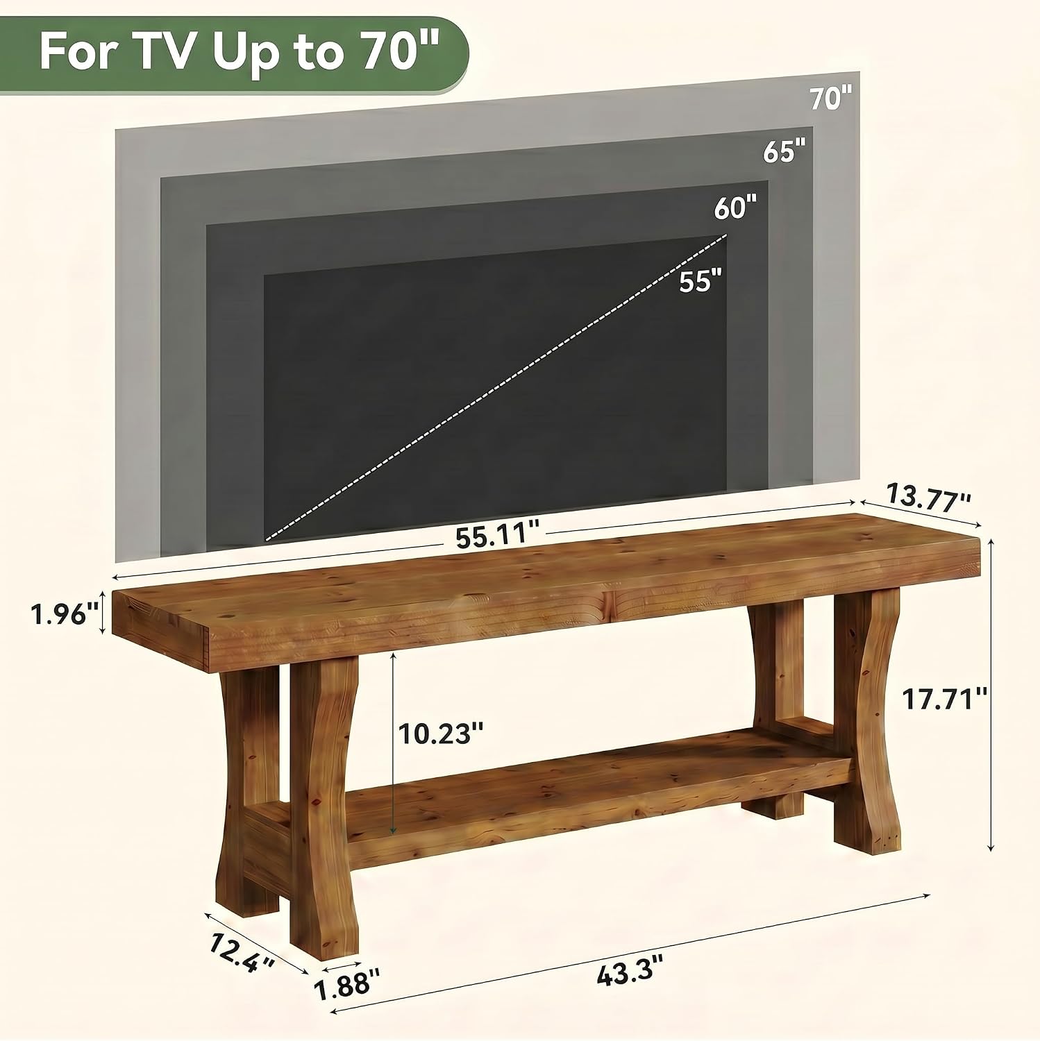 Meuble TV bas en bois massif, 140 cm avec 2 étagères et compartiments ouverts, Meuble multimédia