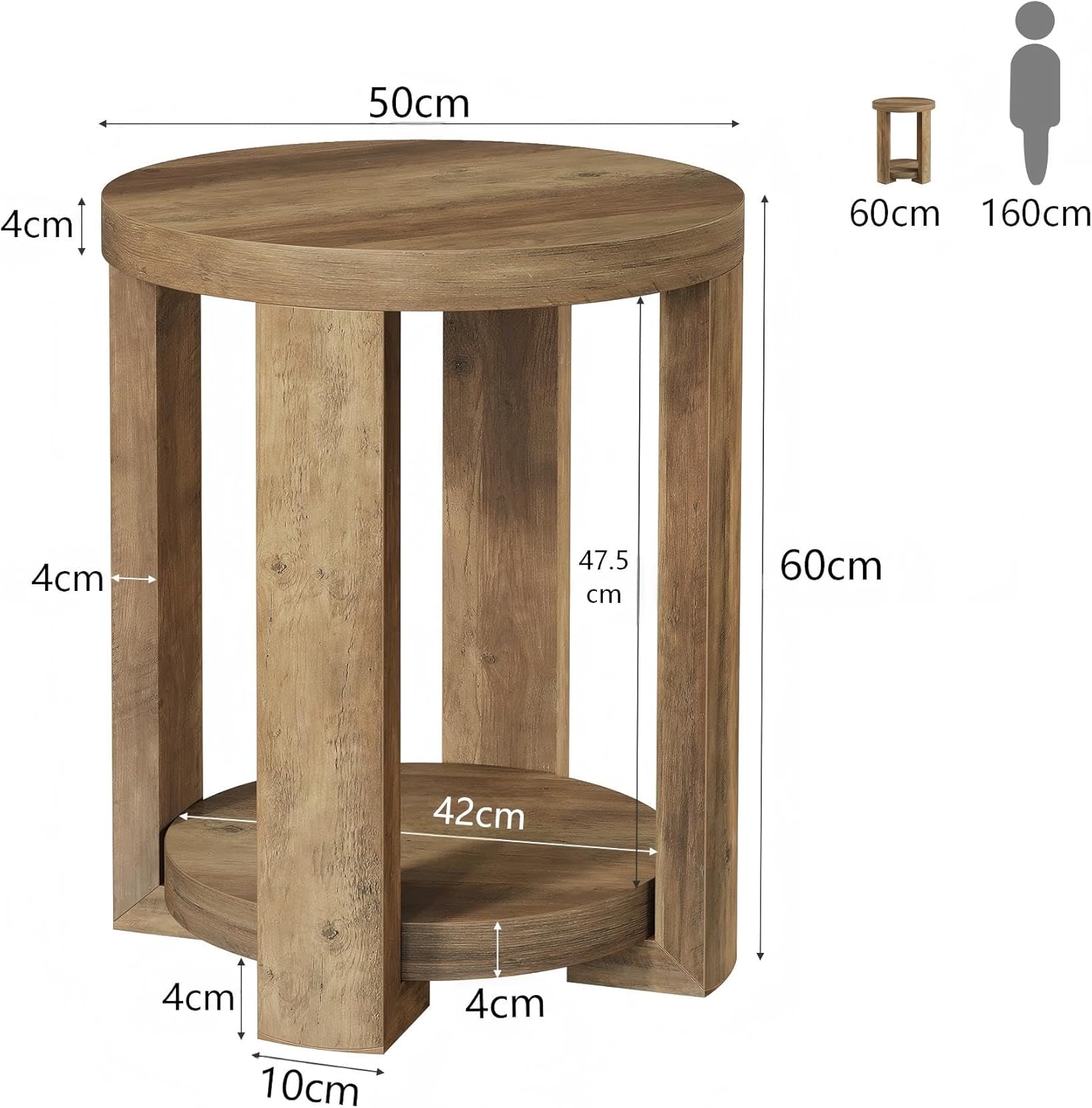 Tribesigns Table d'appoint ronde 50 cm avec rangement, Style campagne moderne table de chevet à 2 niveaux couleur marron