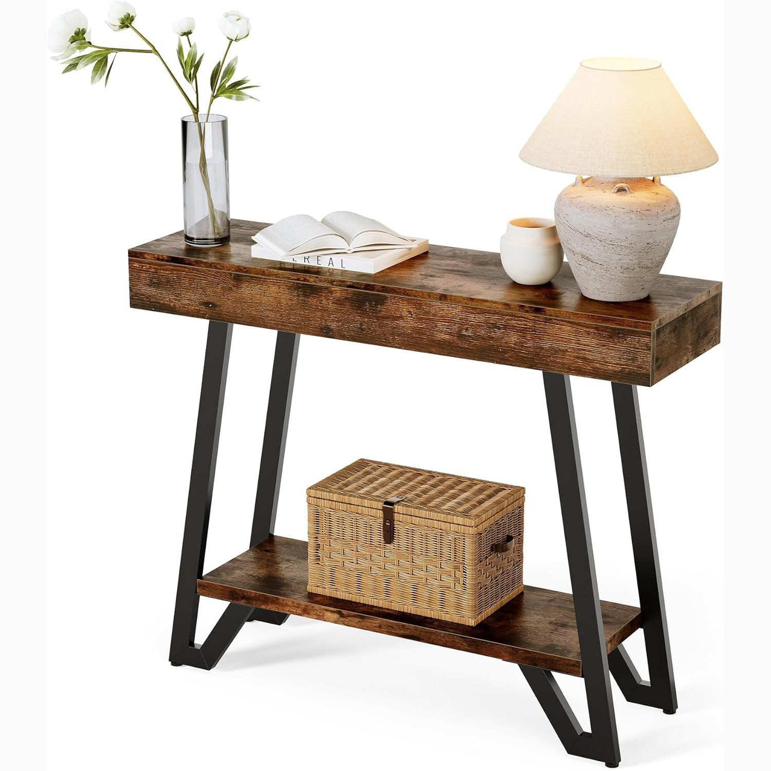 Tribesigns Console de style industriel rustique, Étagère à deux niveaux avec structure métallique pour entrée et salon