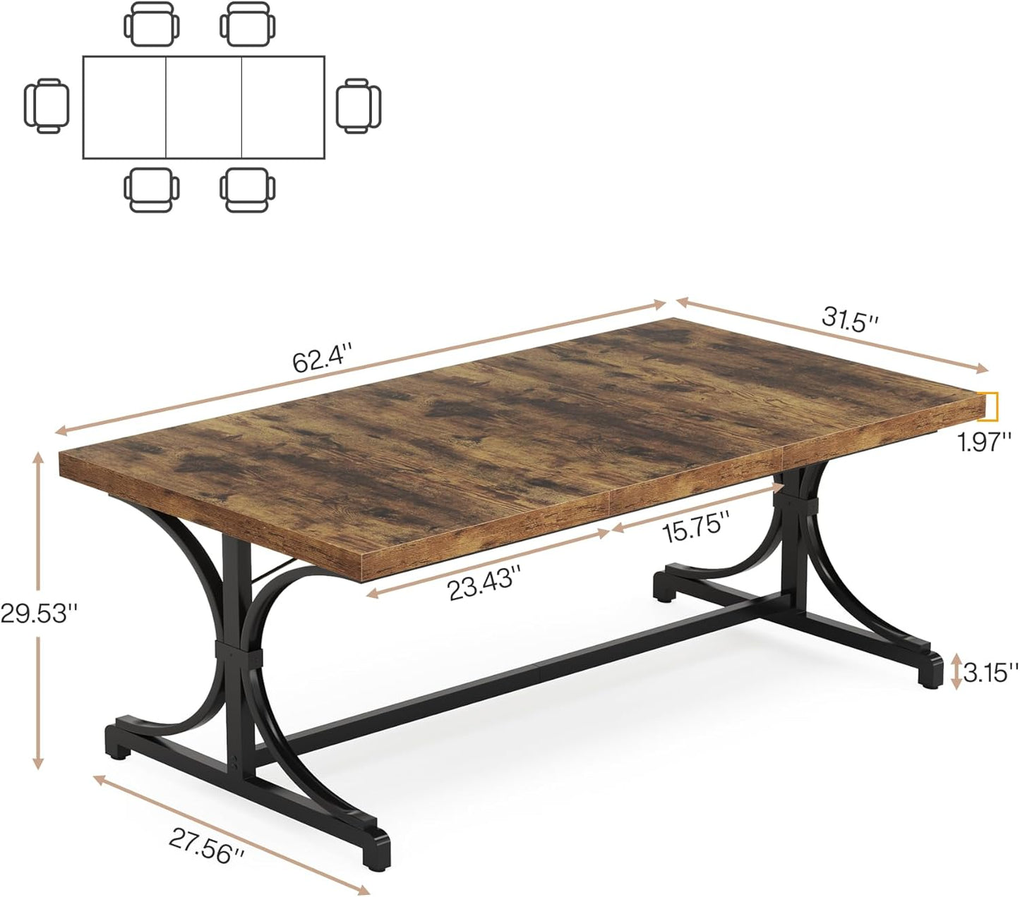 Tribesigns Bureau exécutif, Table rectangulaire avec plateau bois épais et cadre métal