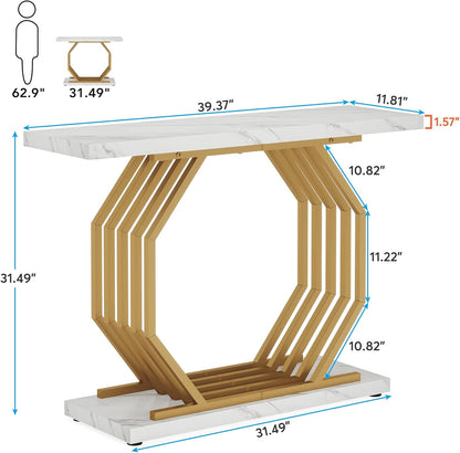 Tribesigns Table d'entrée dorée, Console étroite en faux marbre avec cadre hexagonale