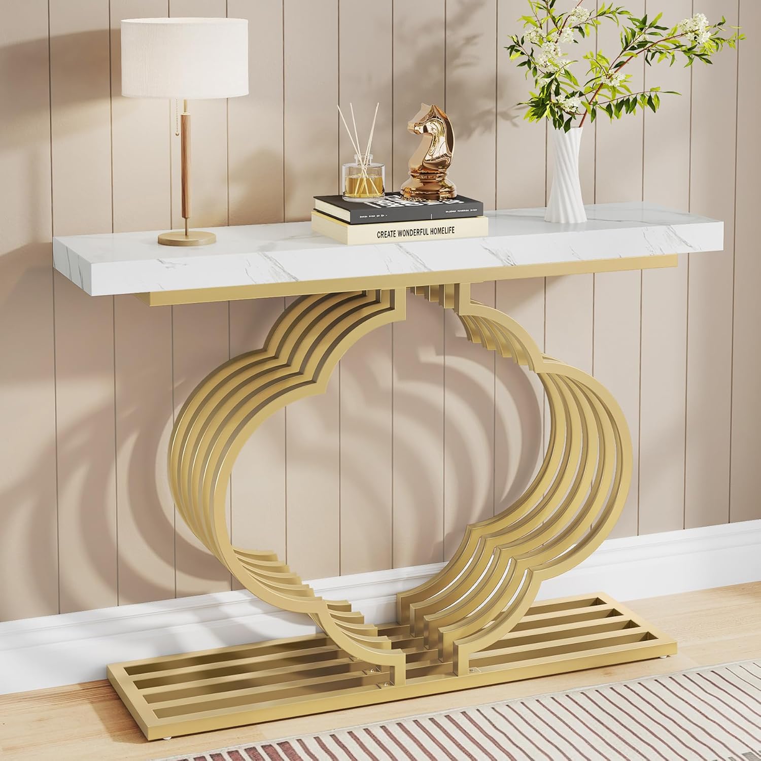 Tribesigns Table Console dorée, Console doré avec piédestal en faux marbrel en forme de fleur