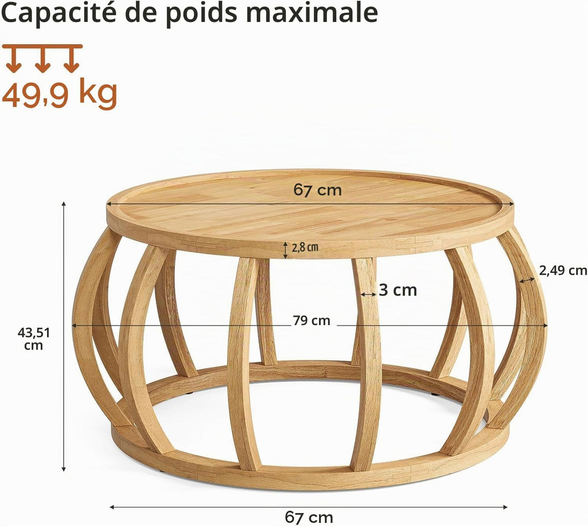 Tribesigns Table Basse Ronde 80 cm en Bois Massif avec Base Incurvée