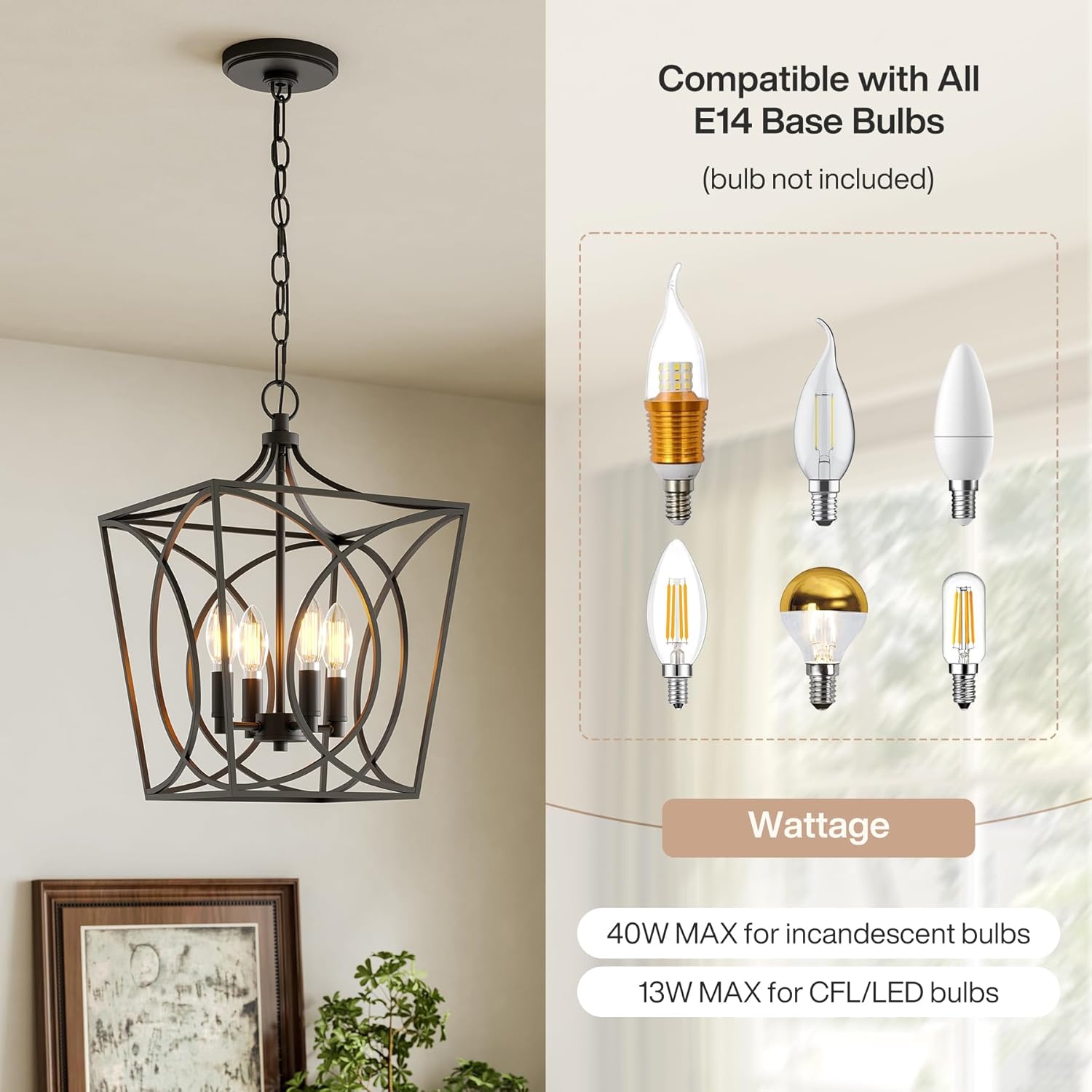 Tribesigns Lustre industriel noir, Suspension géométrique avec 4 douilles E14 hauteur réglable